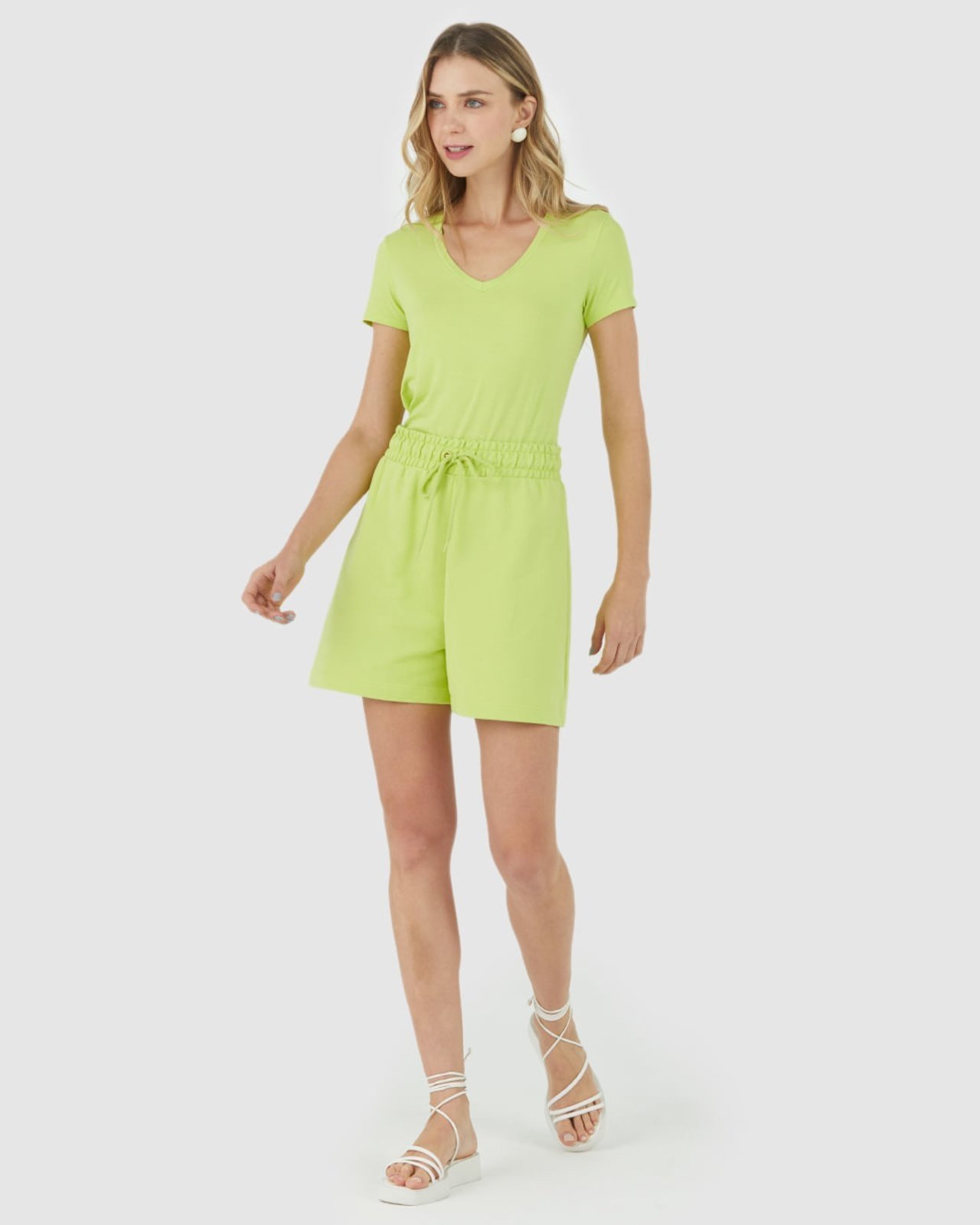 Vista 3 Shorts Básico Feminino Com Cadarço Em Moletom Sem Flanela Malwee verde Malwee verde