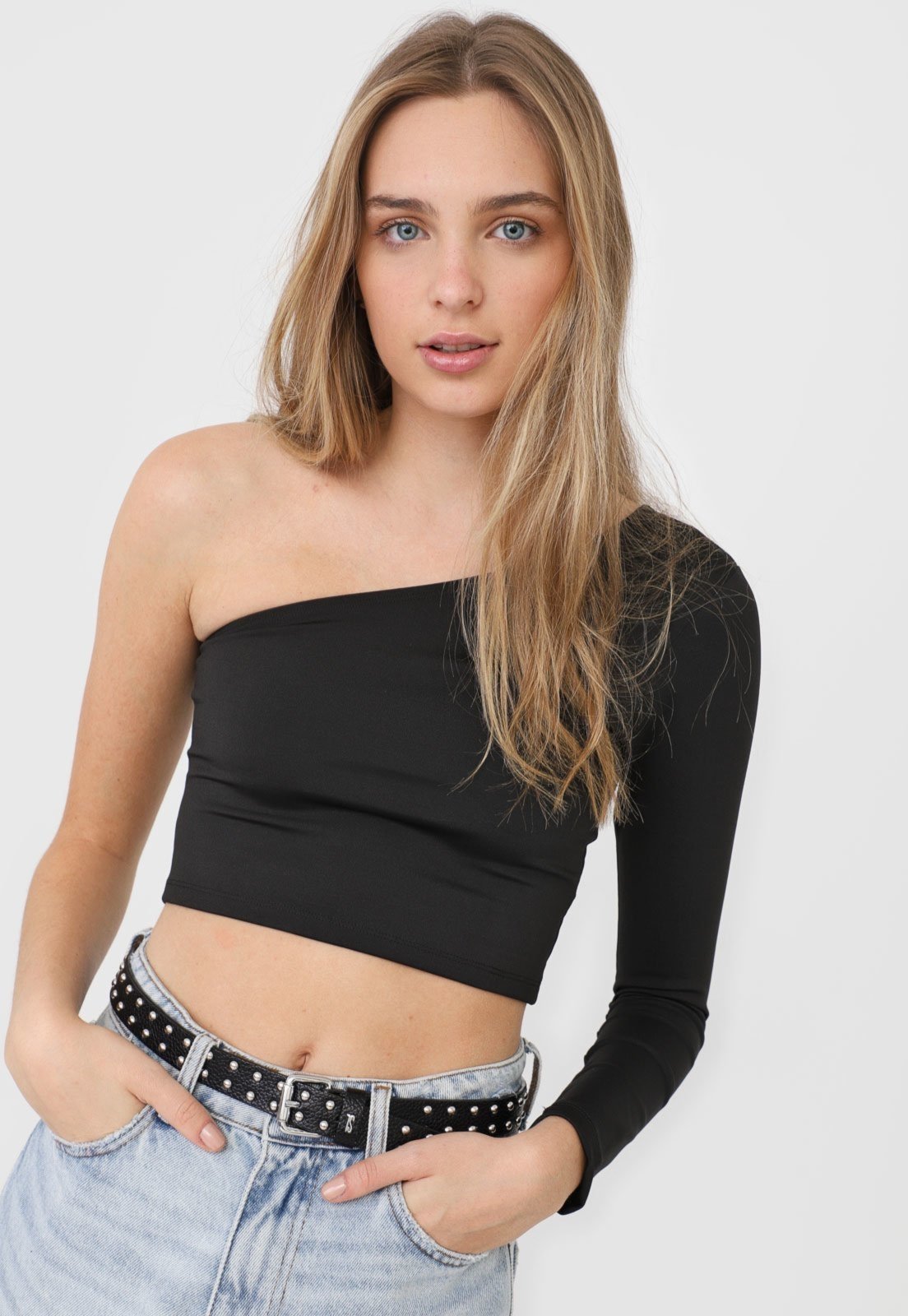 Cropped Rioutlet Uma Manga Longa Preto