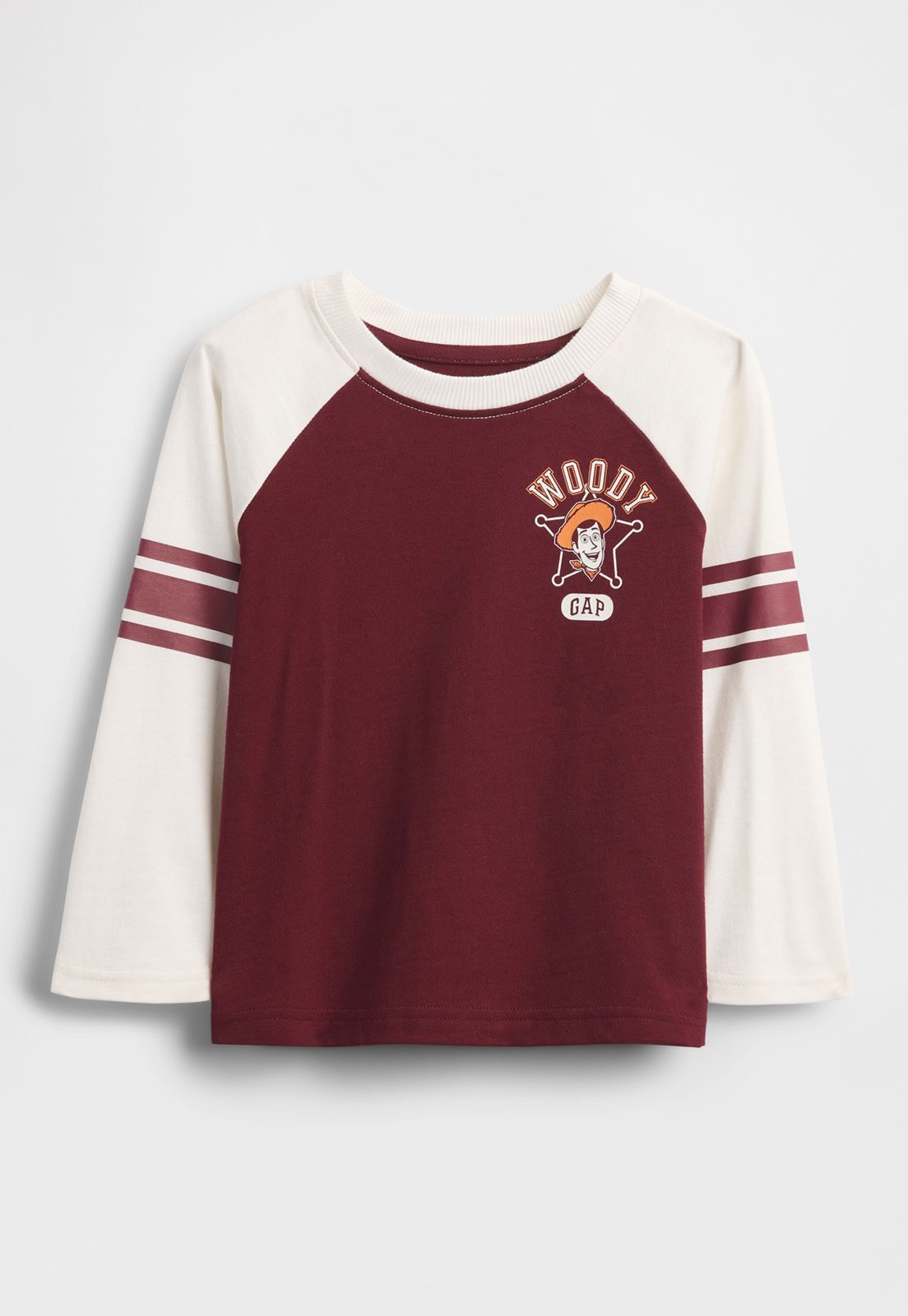Camiseta GAP Woody Toy Story Raglan Vinho e Off-White
