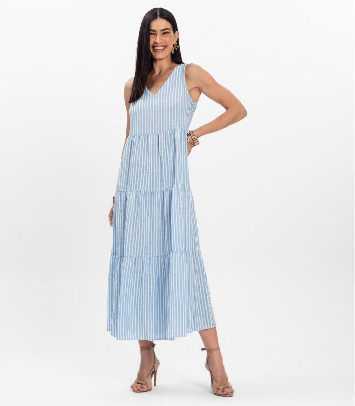 Vestido Midi Feminino Listrado Decote V Aishty Azul