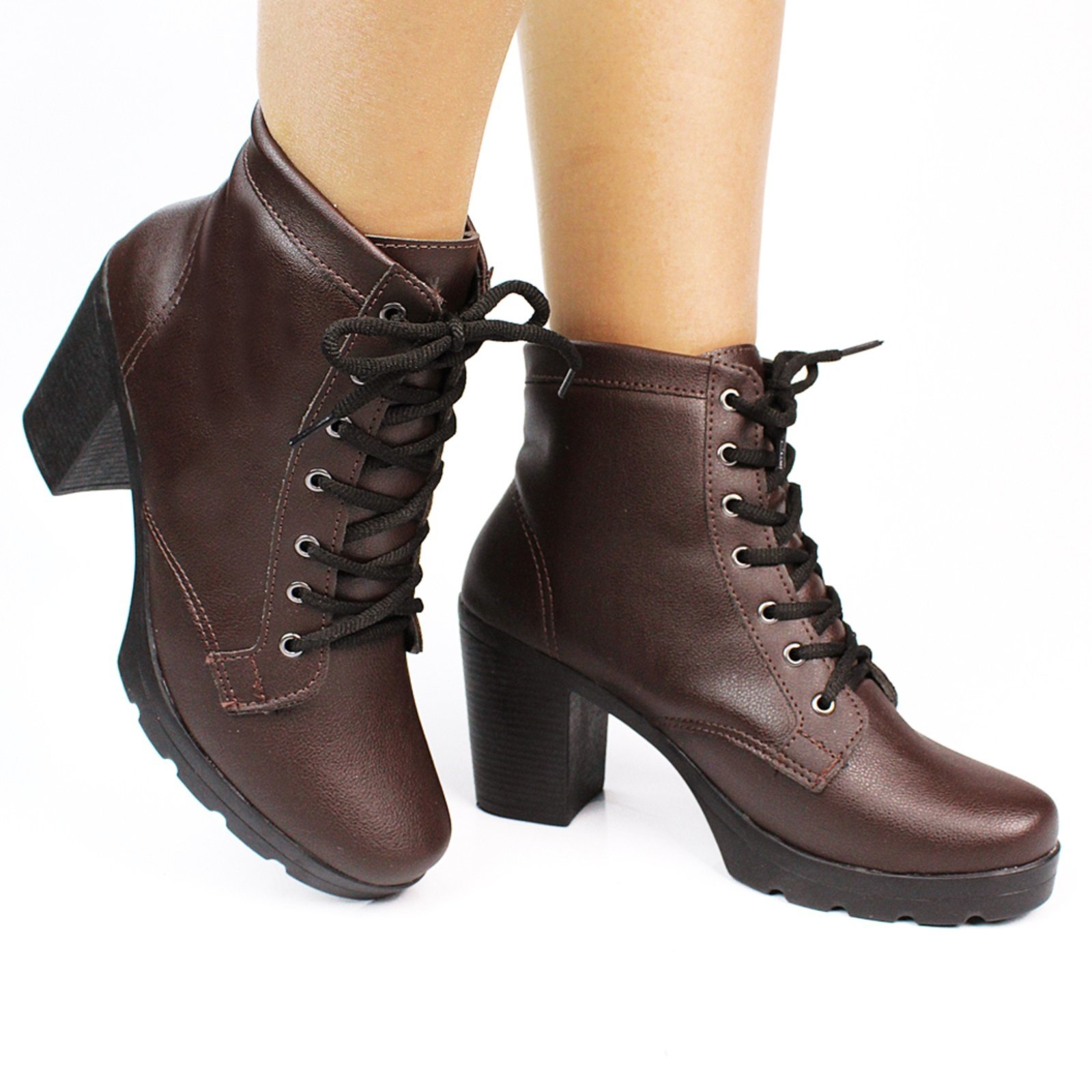 Bota Coturno Feminino Donatella Shoes Salto Alto Cano Médio Café