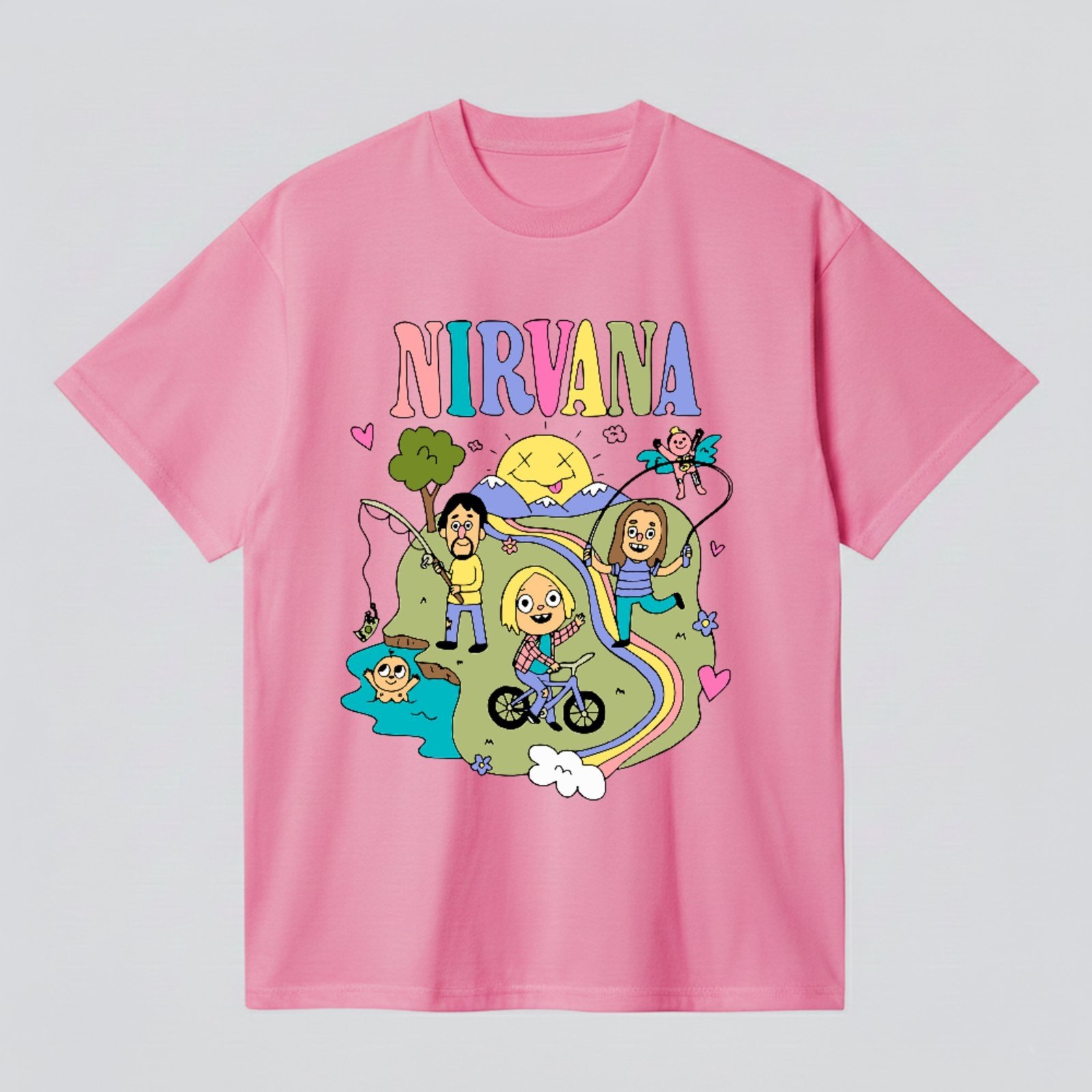 Camiseta Básica Nirvana Arte Cartoon Psicodélica Banda Rock Unissex Rosa