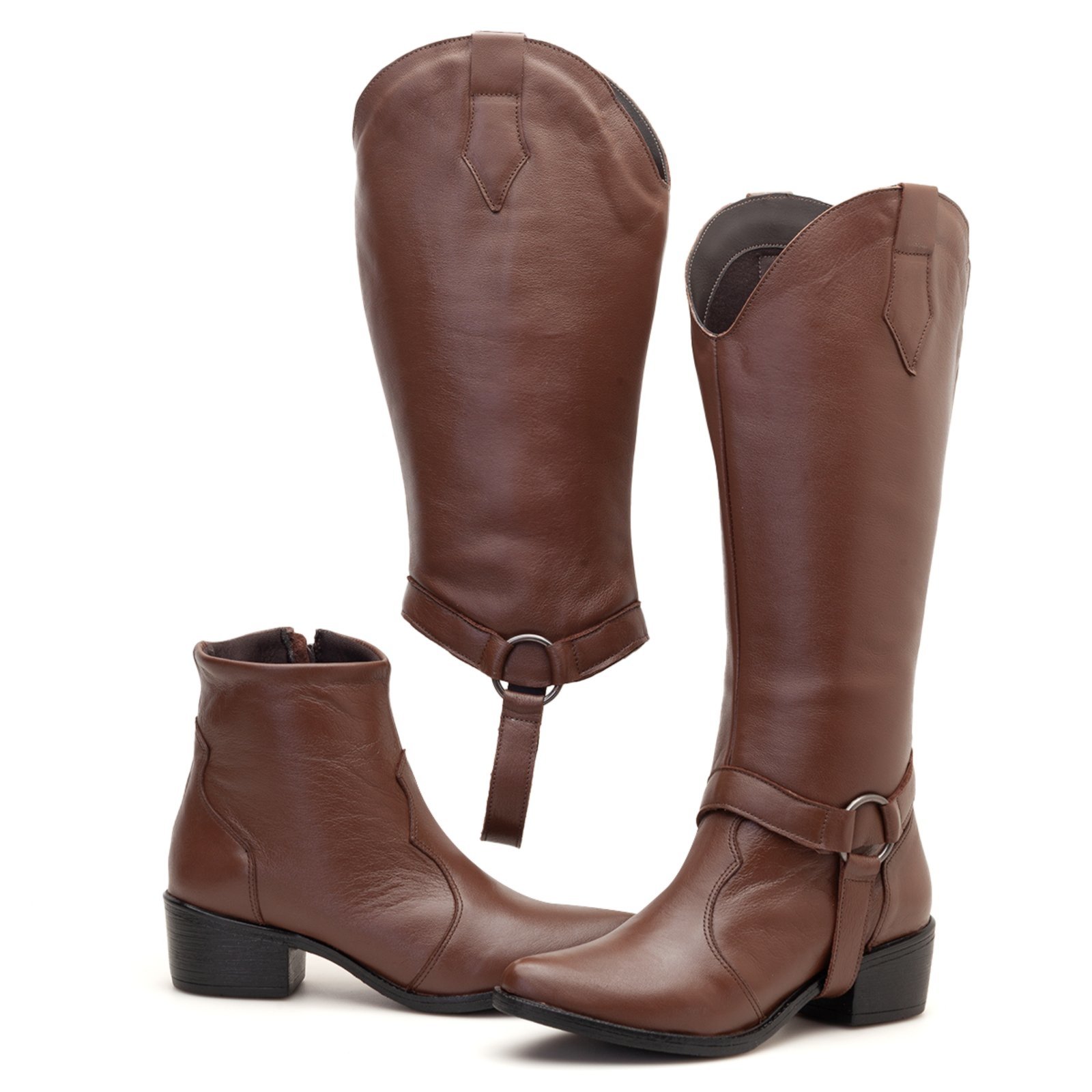 Bota Feminina Couro Macio Cano Longo e Curto Casual 2 em 1 Cafe