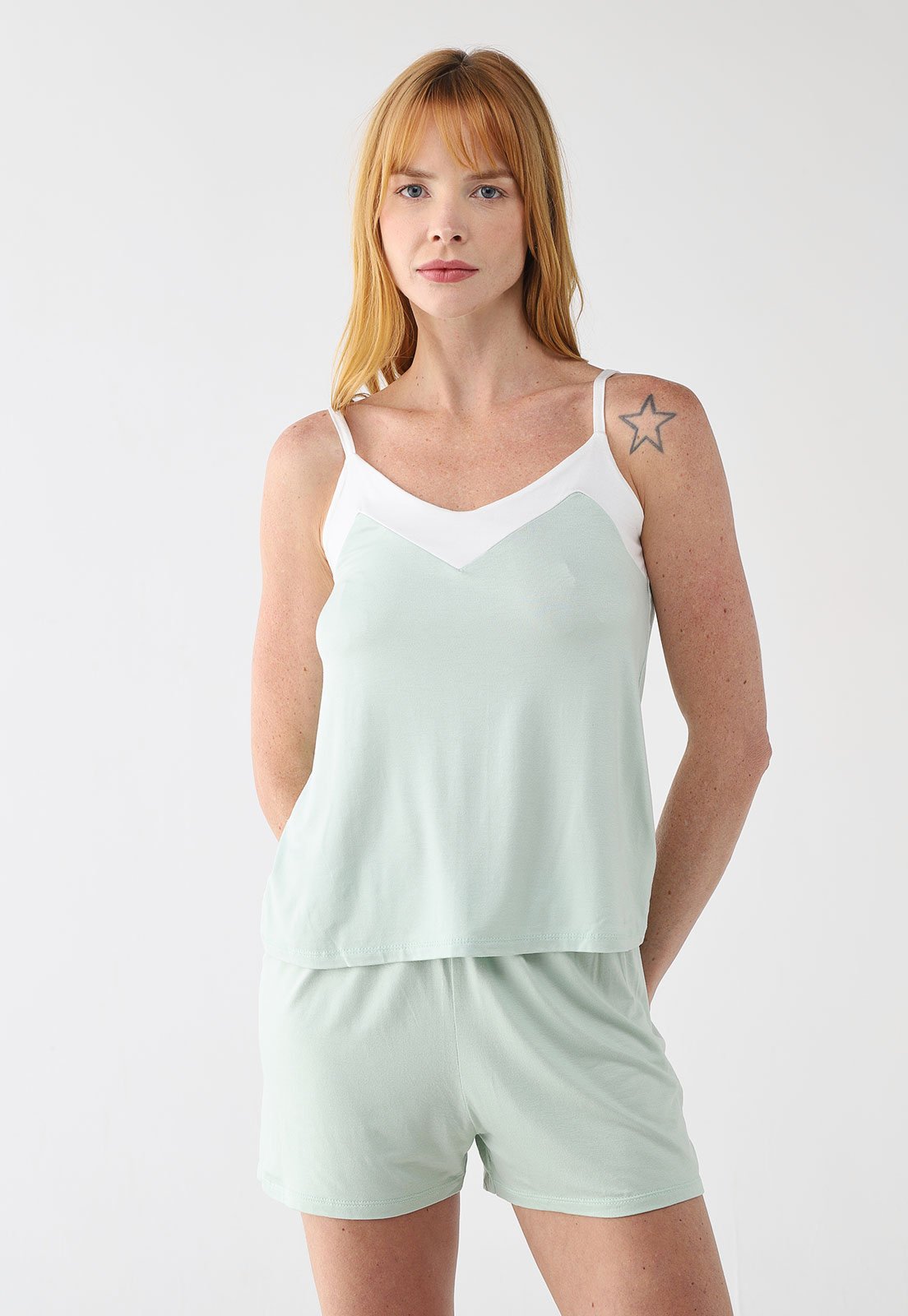 Pijama Curto Feminino Malwee Alças Finas Verde Claro