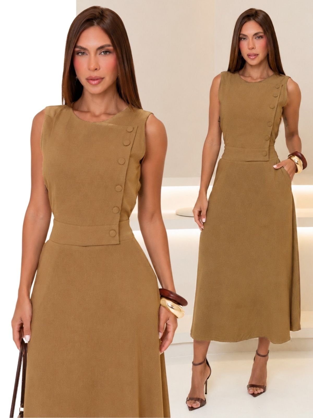 Vestido Feminino Longo Alfaiataria Tropical Fashion Botões e Bolso - Marrom