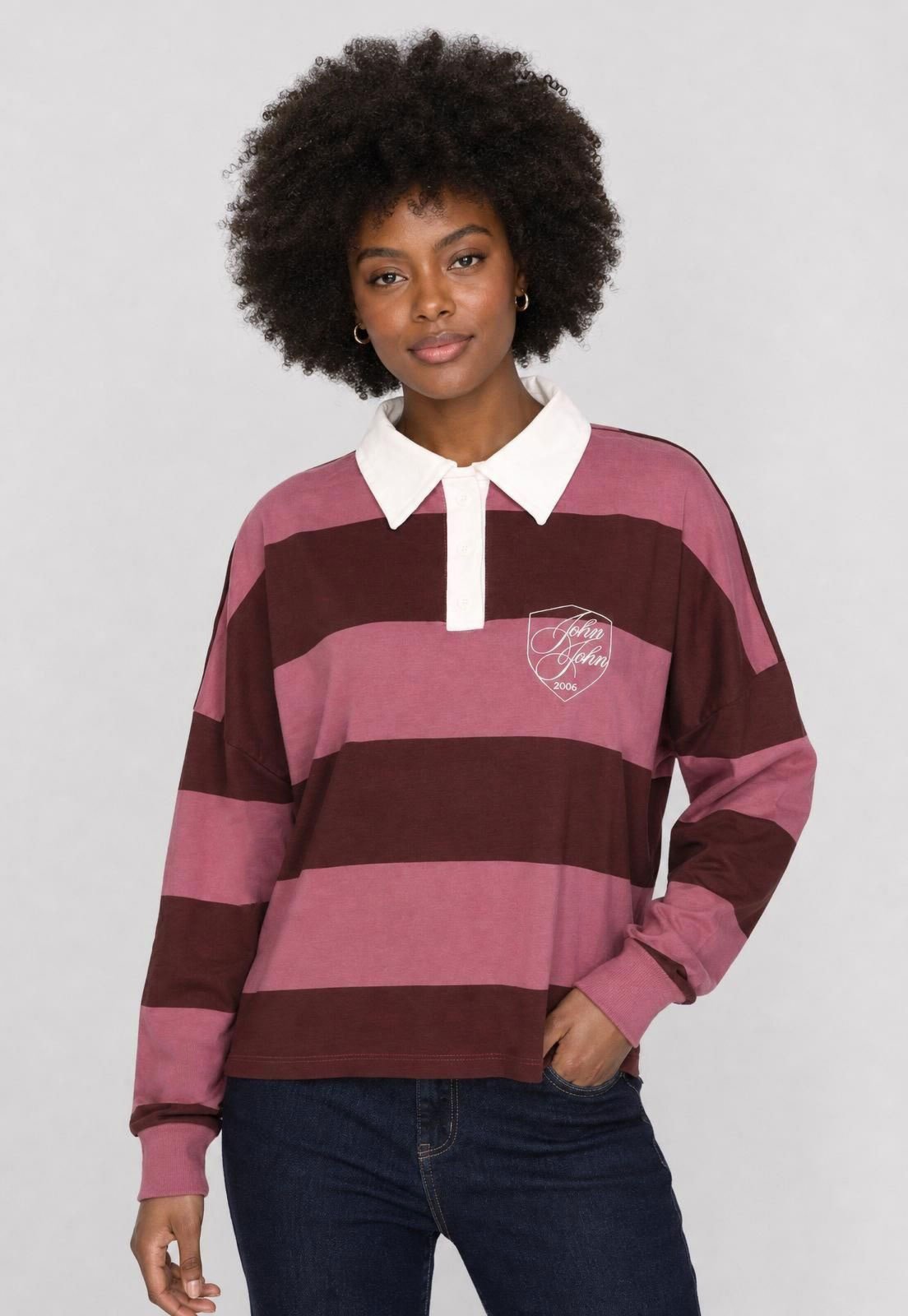 Blusa de Moletom Polo Feminina John John Sport Stripe Rosa