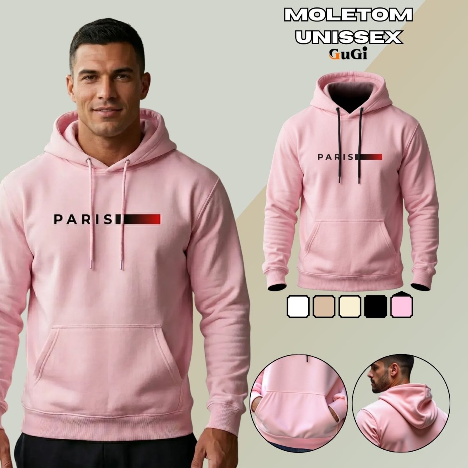 Moletom Canguru Unissex Com Capuz GuGi Paris Cidade - Rosa