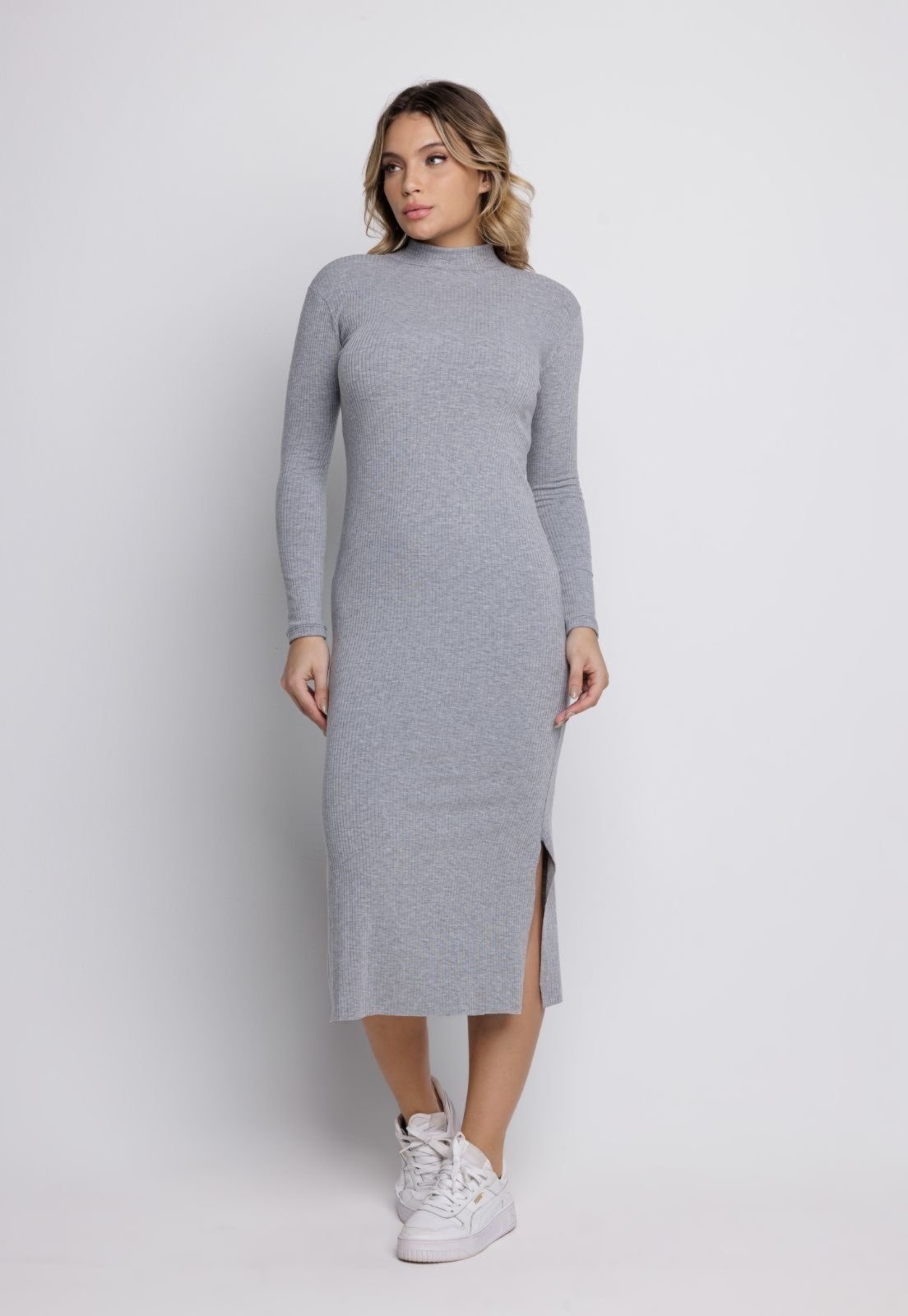 Vestido Midi Gola Alta Manga Longa Vekyo Canelado Cinza