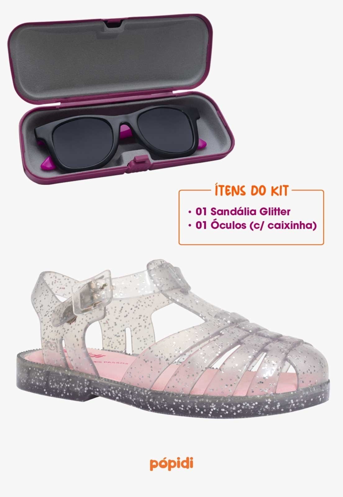 Vista 3 Infantil - Kit Sandália Aranha Glitter Com Óculos de Sol Rosa Com Capinha Pópidí prata/rosa rosa Pópidí prata/rosa rosa