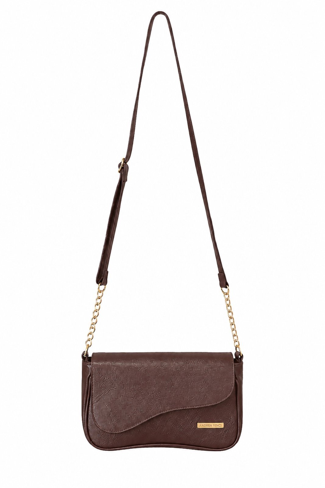 Bolsa transversal de couro liso com tampa e corrente Olga - Café