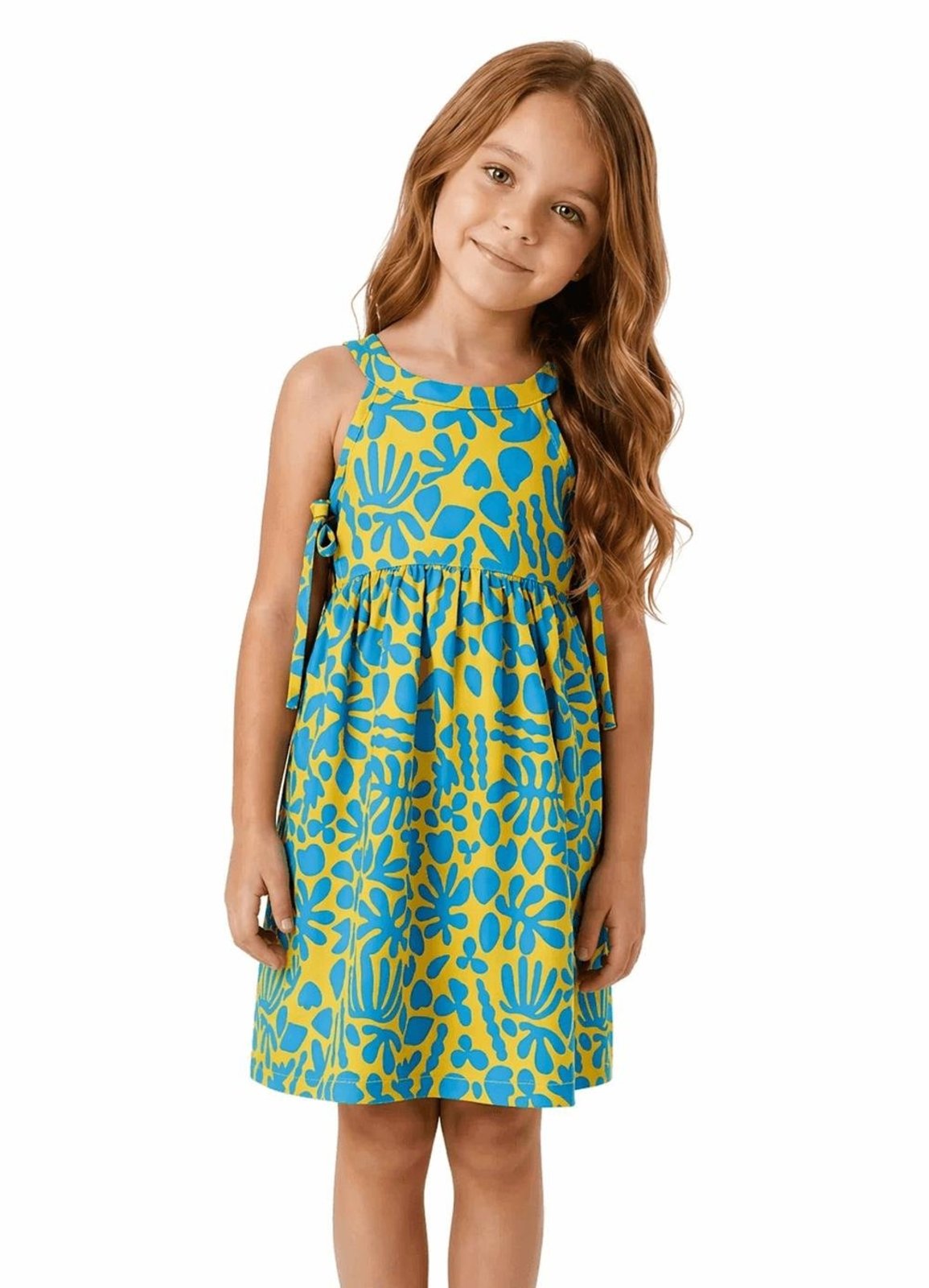 Infantil - Vestido Menina Blue Bloom Alphabeto Mostarda e Azul Amarelo