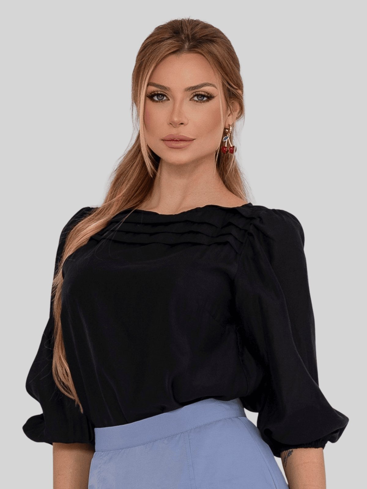 Blusa Miss e Misses Ivana Manga Longa C/Prega Frente Preto