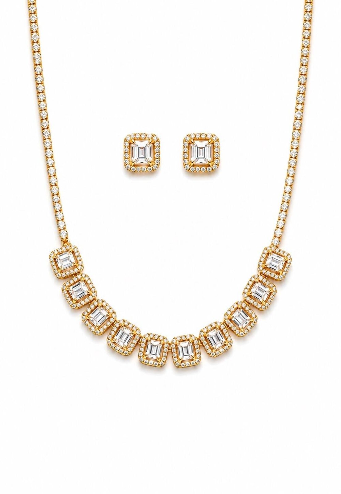 Conjunto Riviera Quadrado Folheado A Ouro 18K Com Zircônia Lapidação Retangular Cj015-001 Dourado