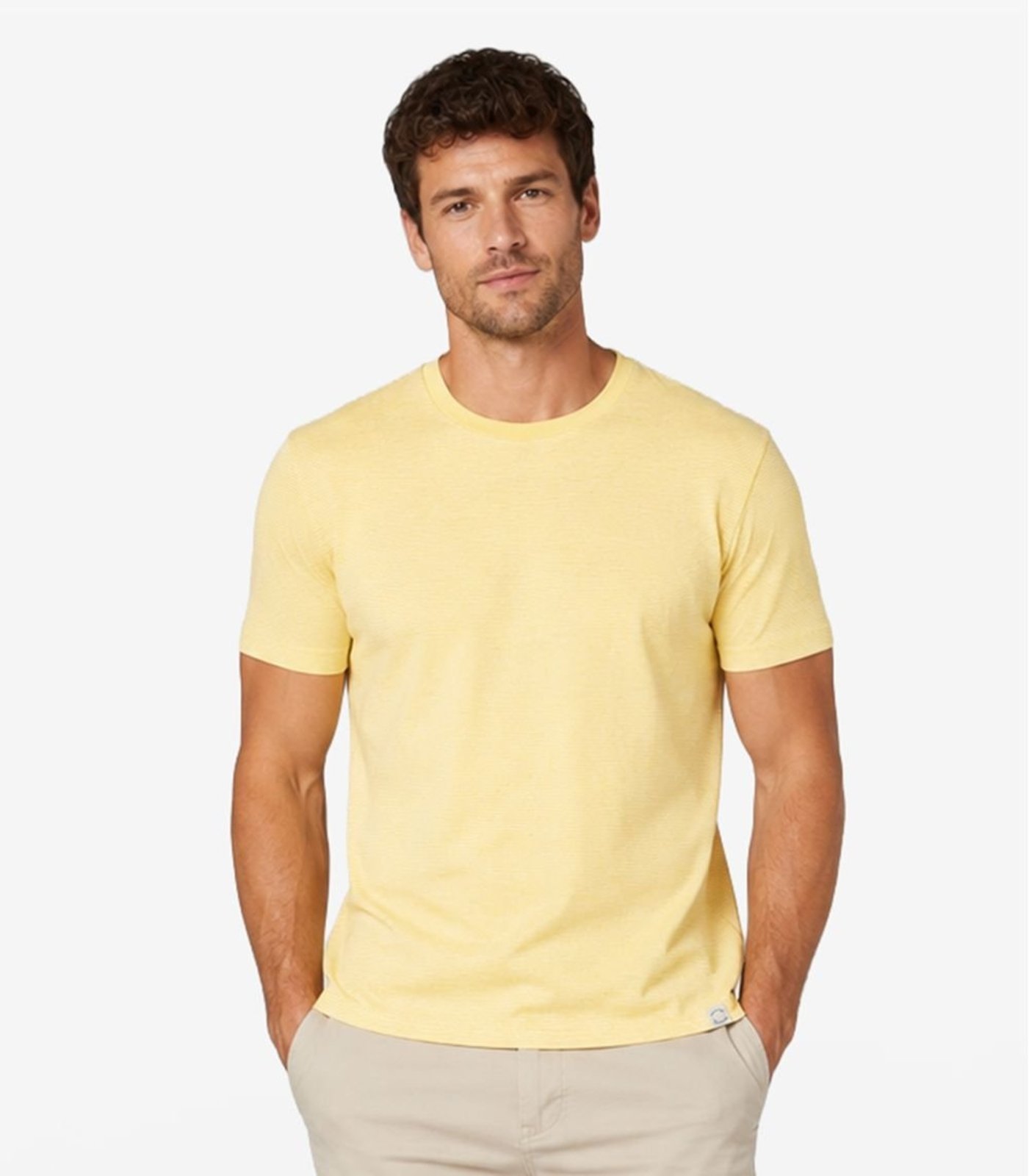 Camiseta Masculina Meia Malha Listrada Linho Amarelo
