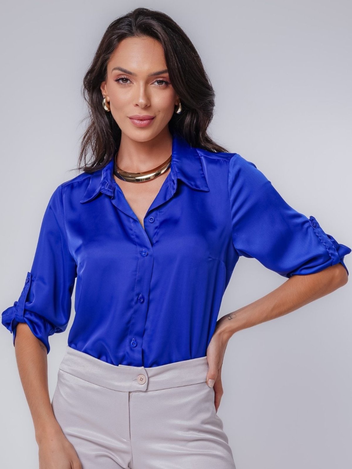 Camisa Acetinada Manga 7/8 Azul Bic