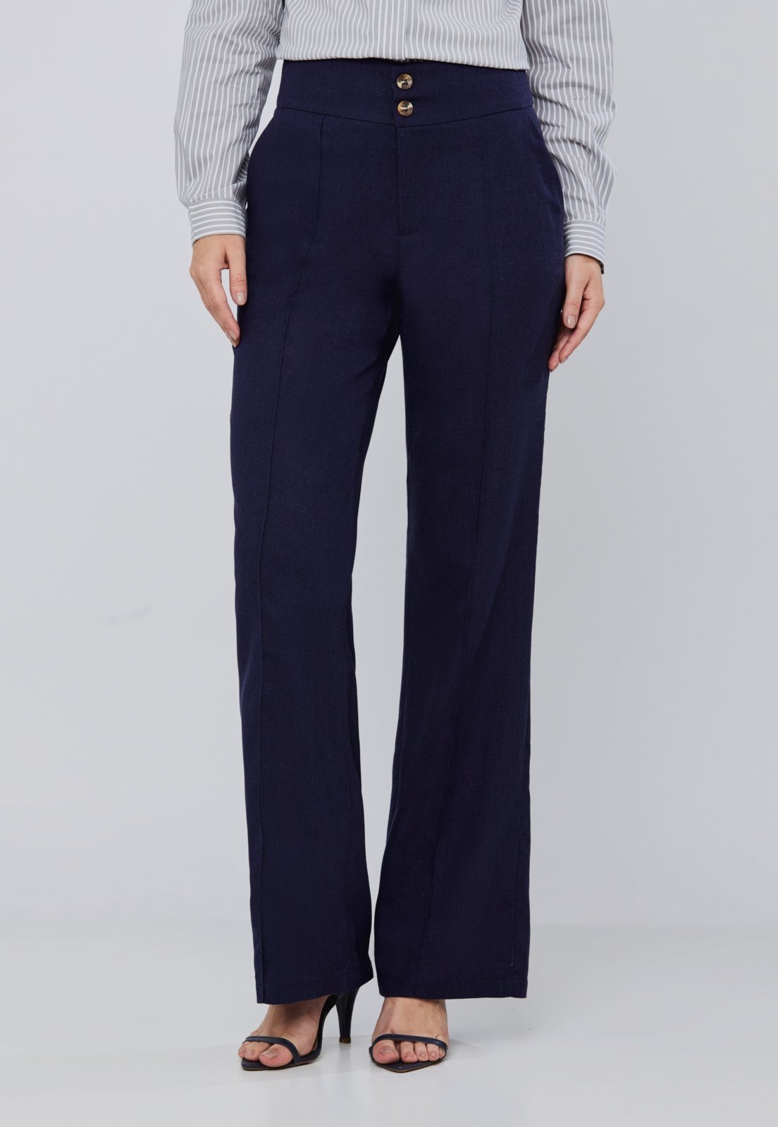 Calça Linho Miss Joy 8219 Alfaiataria Reta Azul Marinho