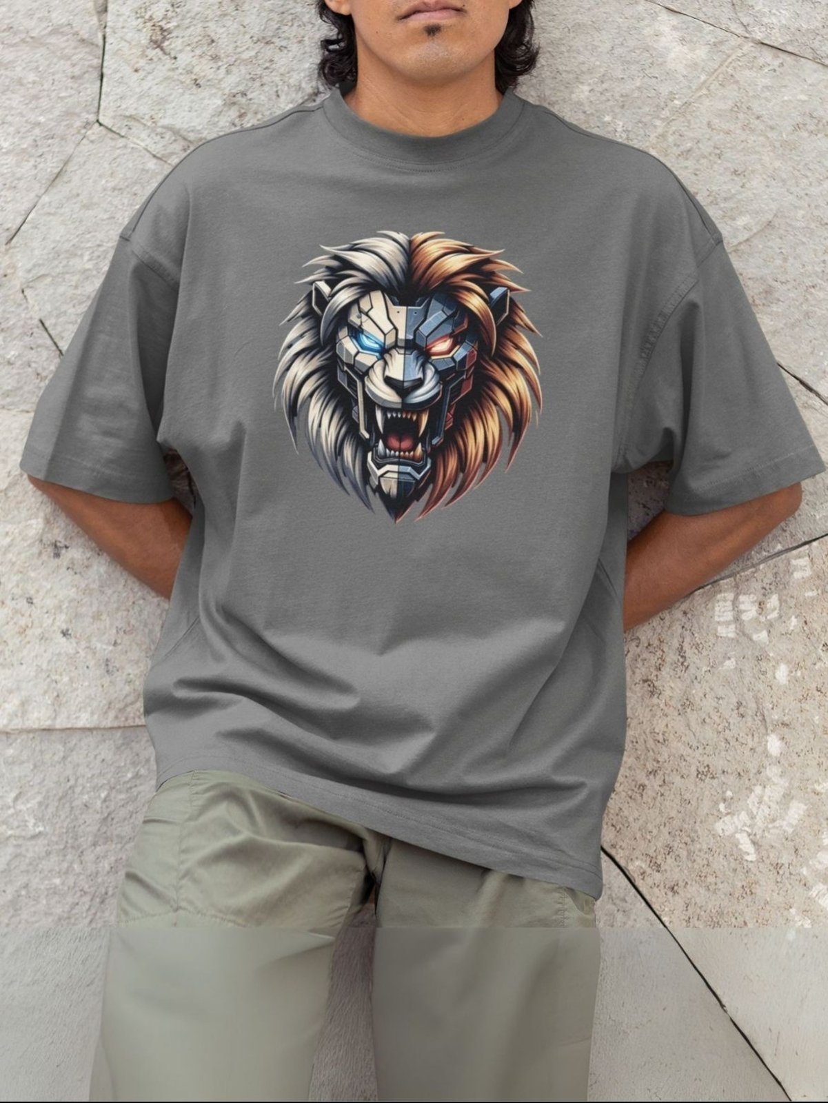 Camiseta Básica Masculina GuGi Leão Robótico Cyberpunk Scifi Futurista Chumbo