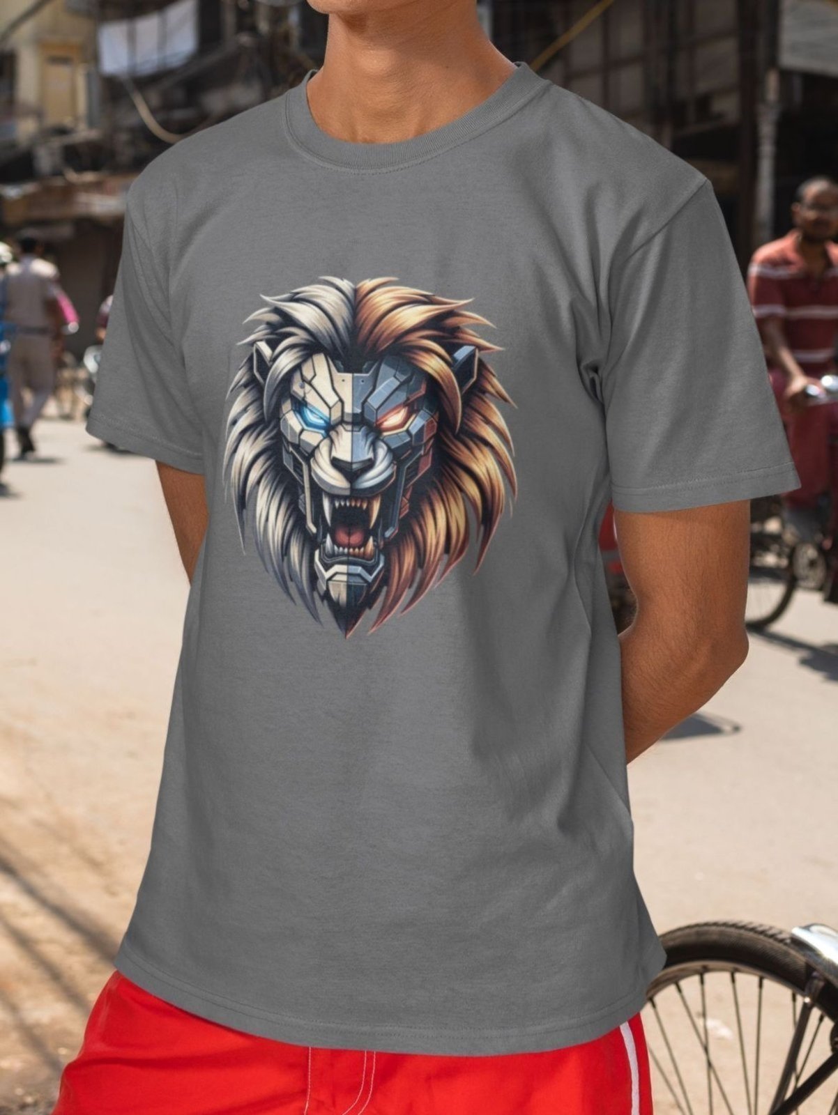 Vista 3 Camiseta Básica Masculina GuGi Leão Robótico Cyberpunk Scifi Futurista Chumbo cinza Gugi cinza