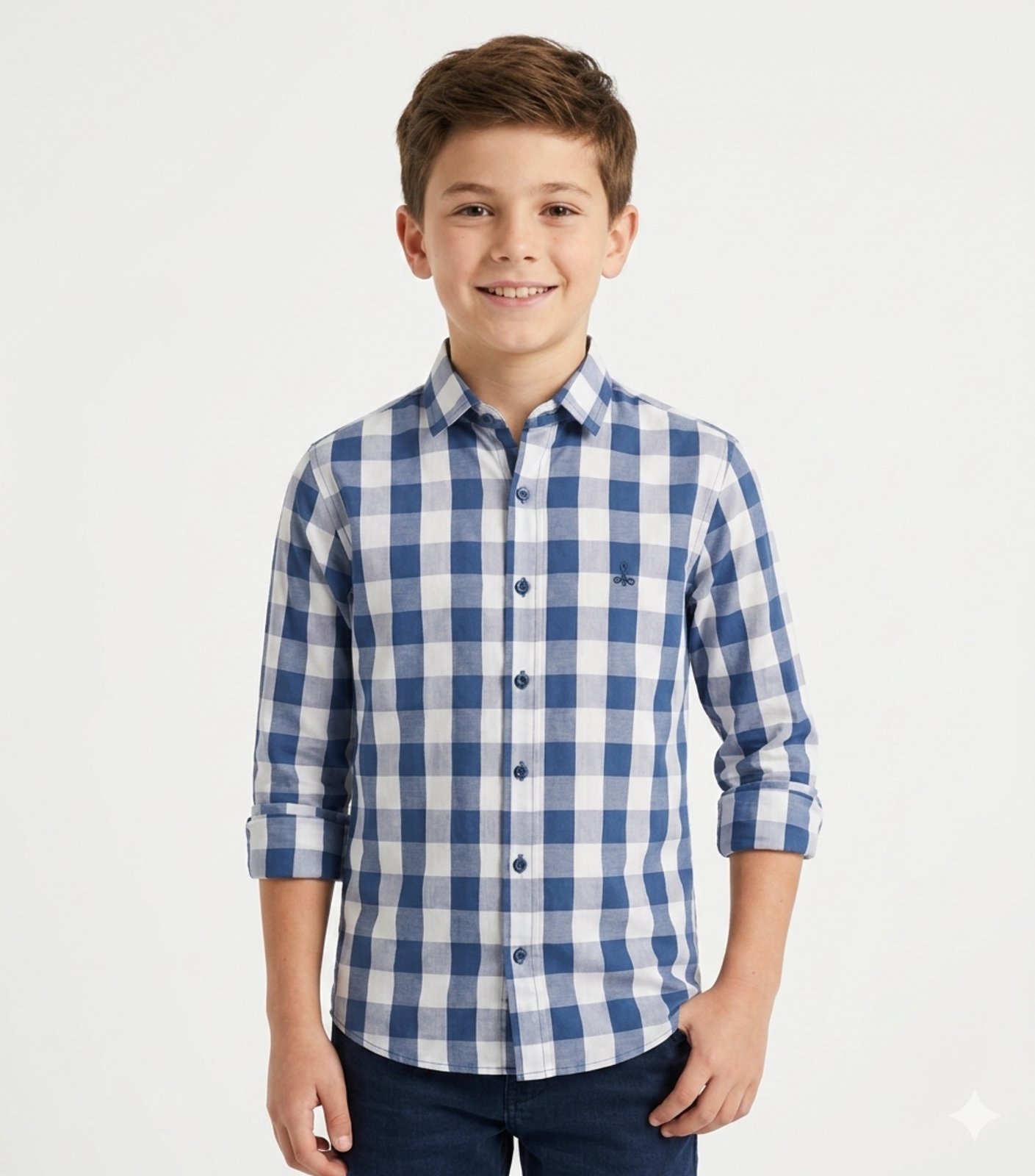 Infantil - Camisa Alfa Xadrez Algodão Manga Longa Luxo Azul