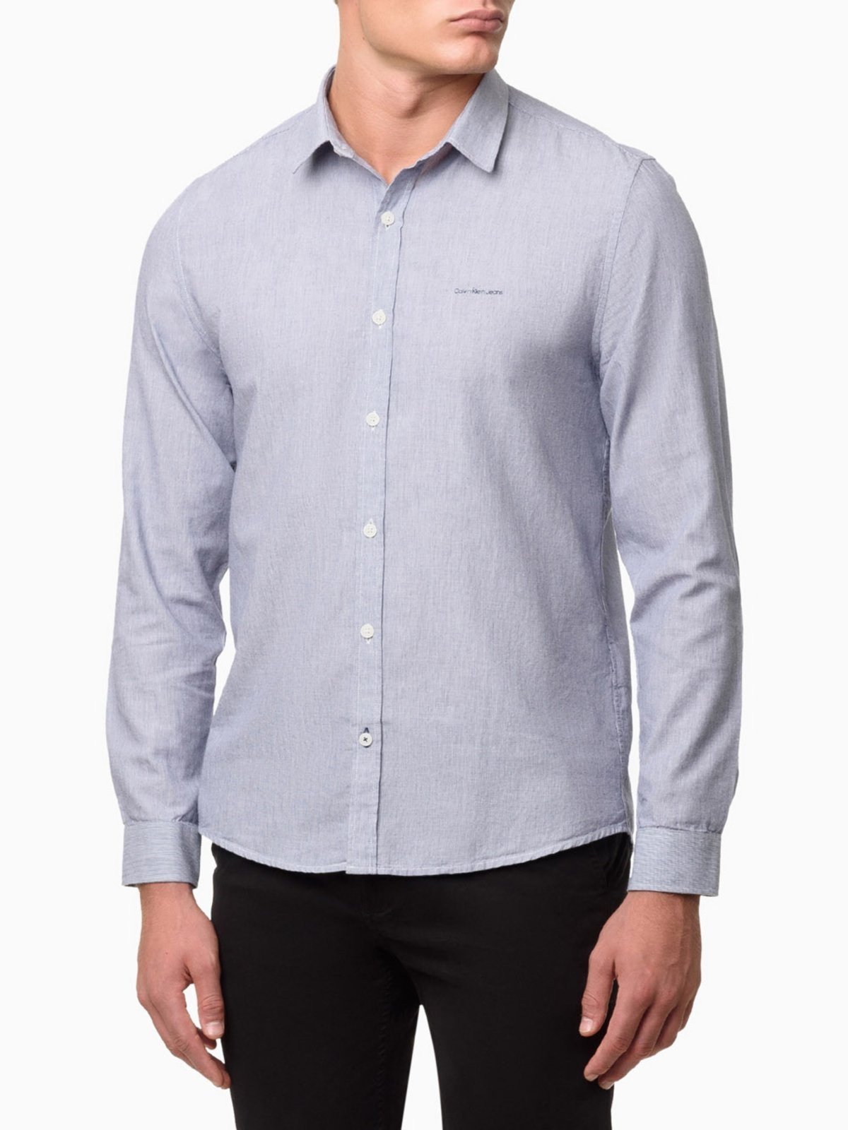 Camisa Manga Longa Slim Listrada Silk Logo Calvin Klein Jeans – Azul Marinho Calvin Klein Jeans