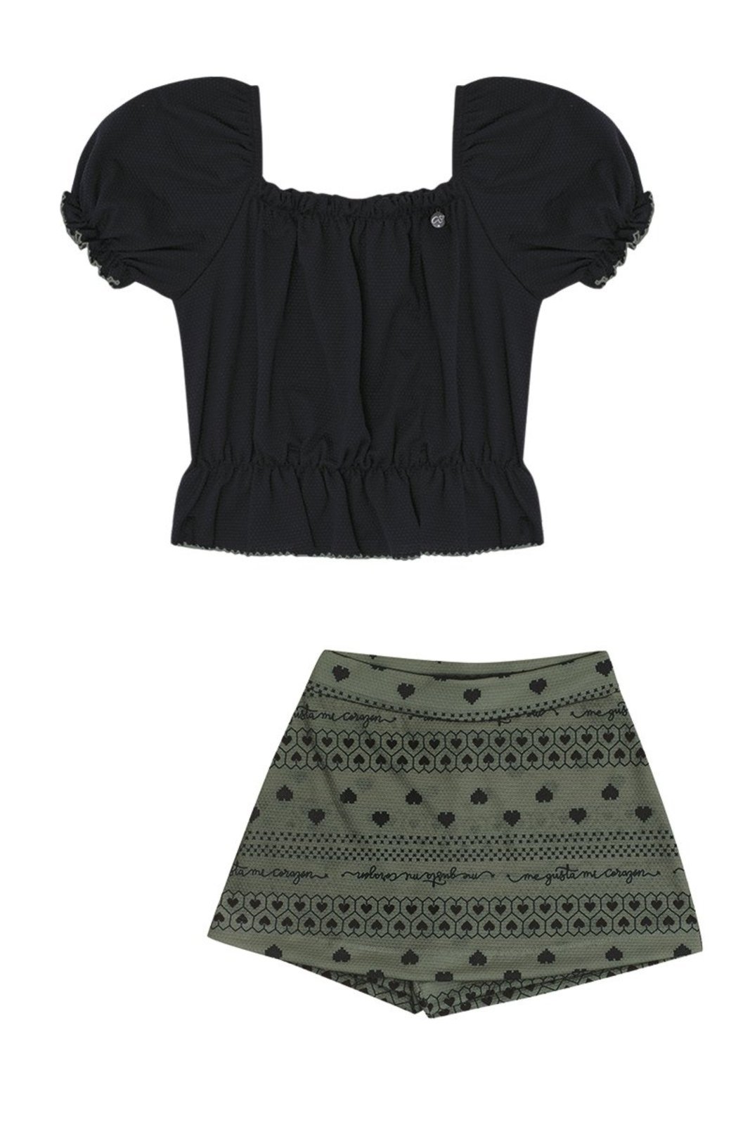 Infantil - Conjunto Blusa Texturizada com Manga Bufante e Shorts Saia Corações Verde