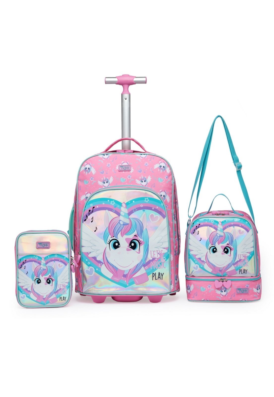 Infantil - Kit Mochila Rodinha Lancheira Estojo Feminina Escolar Resistente Yupe
