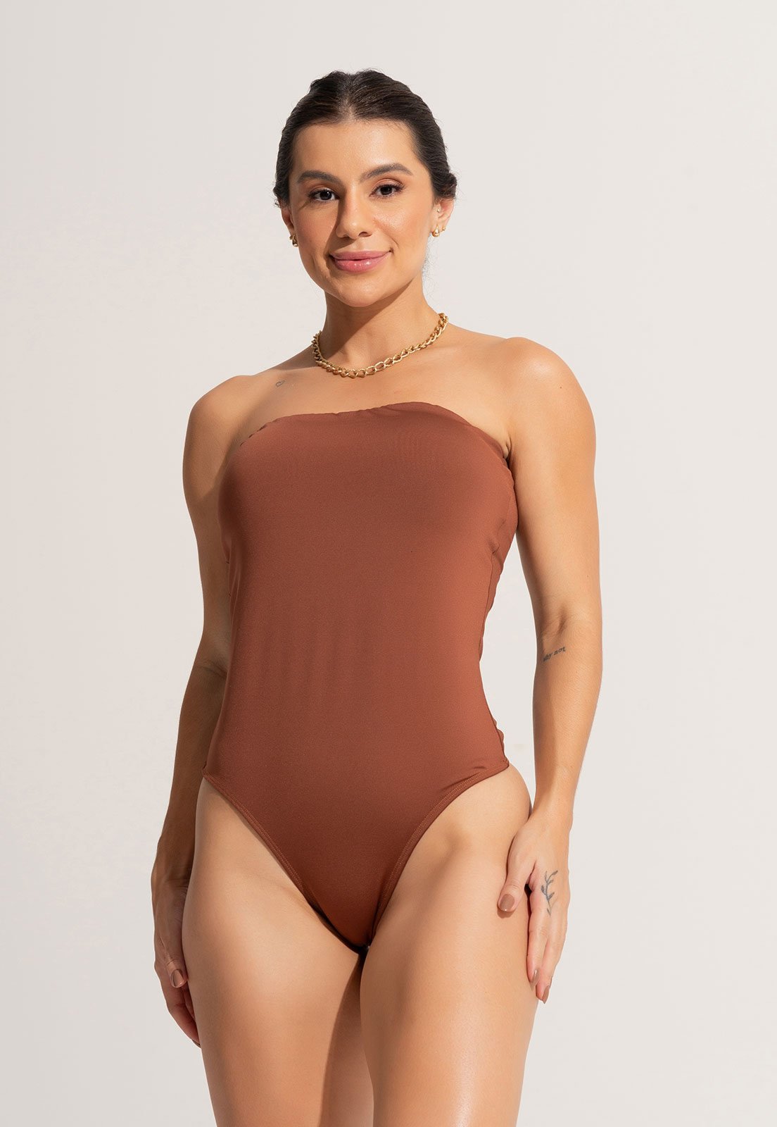 Body MVB Modas Feminino Verão Tomara que Caia Collant Marrom