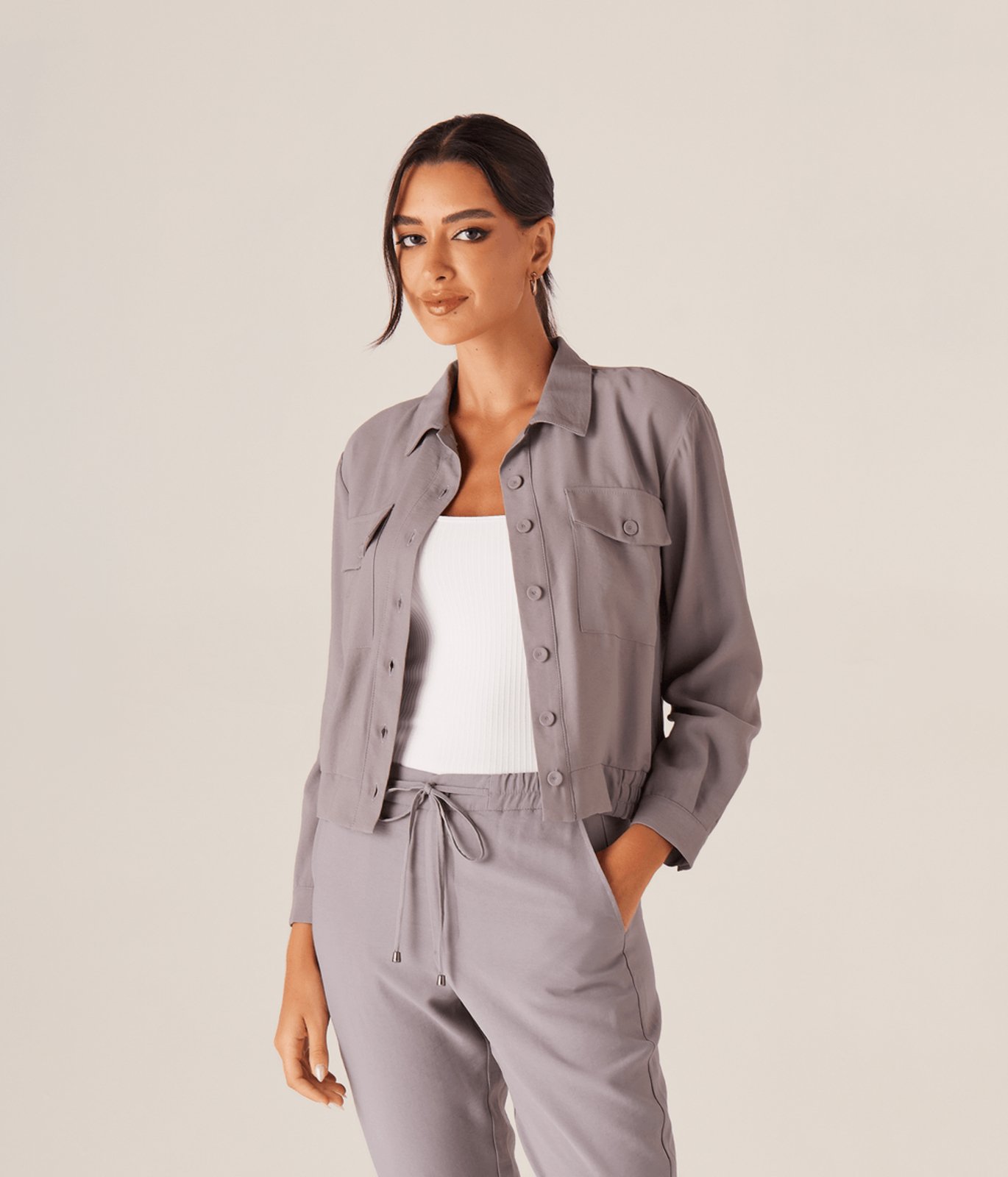Jaqueta Bomber Com Dois Bolsos Feminina Cinza
