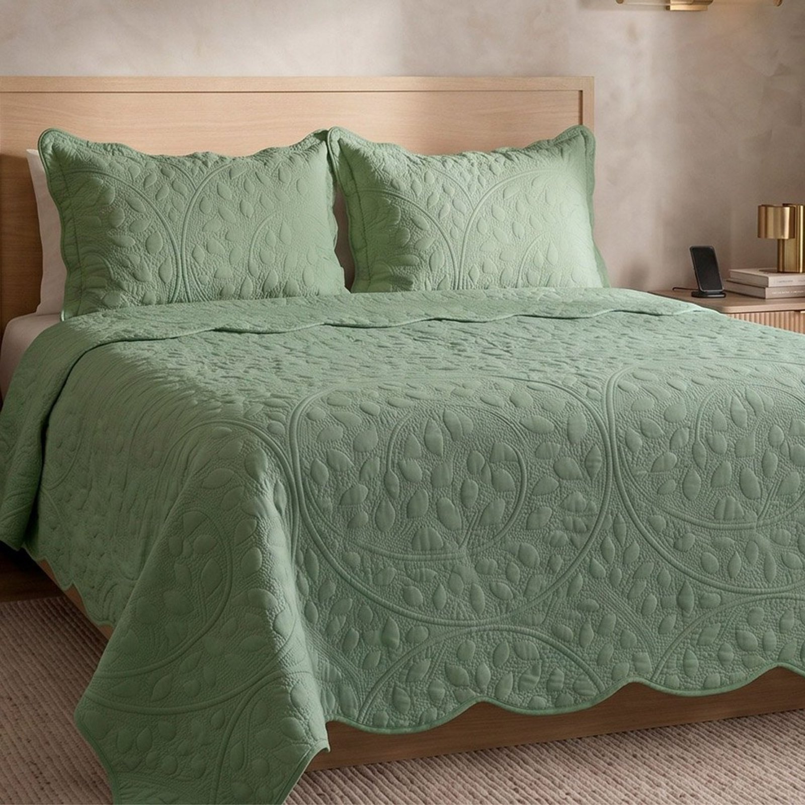 Cobre Leito Colcha Delicato Queen 3 Peças Dupla Face Matelassê Bordado - Verde