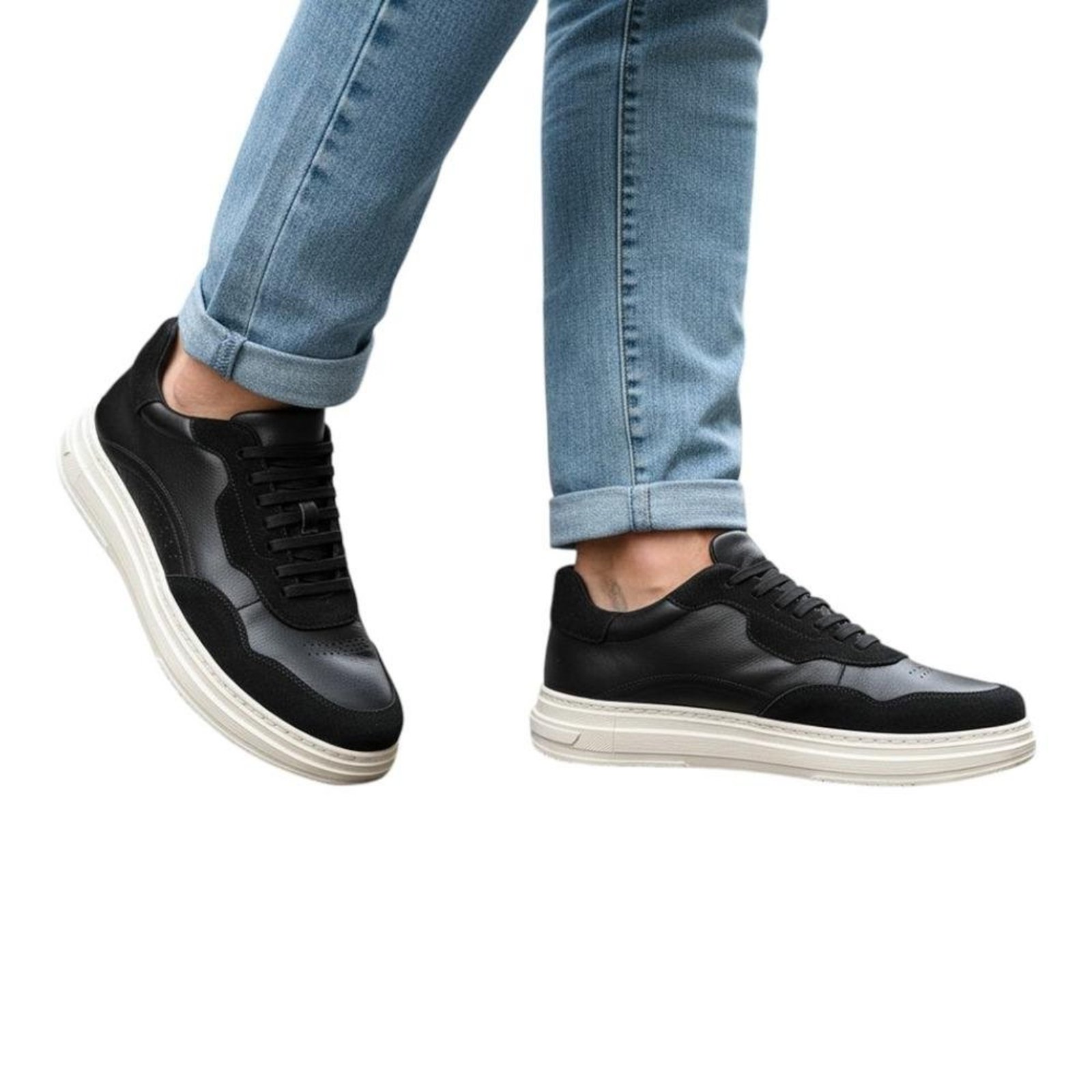 Tênis Masculino Couro Legítimo Camurça Cadarço Casual Preto