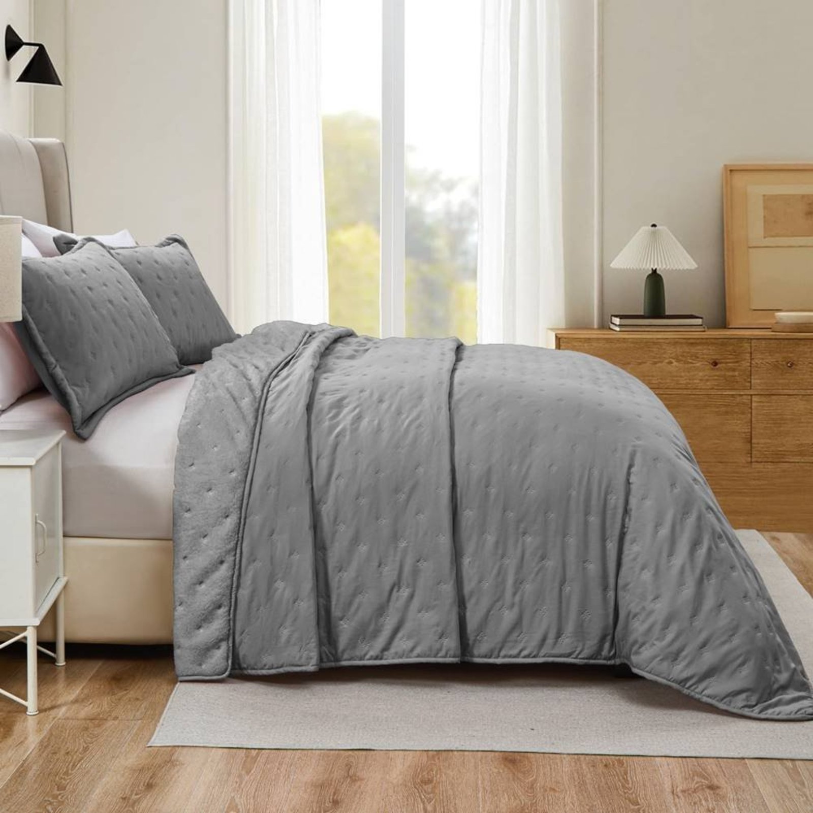 Cobre Leito King Casa Modelo Enxovais Dupla Face 300 fios com Sherpa 3 Peças Cinza