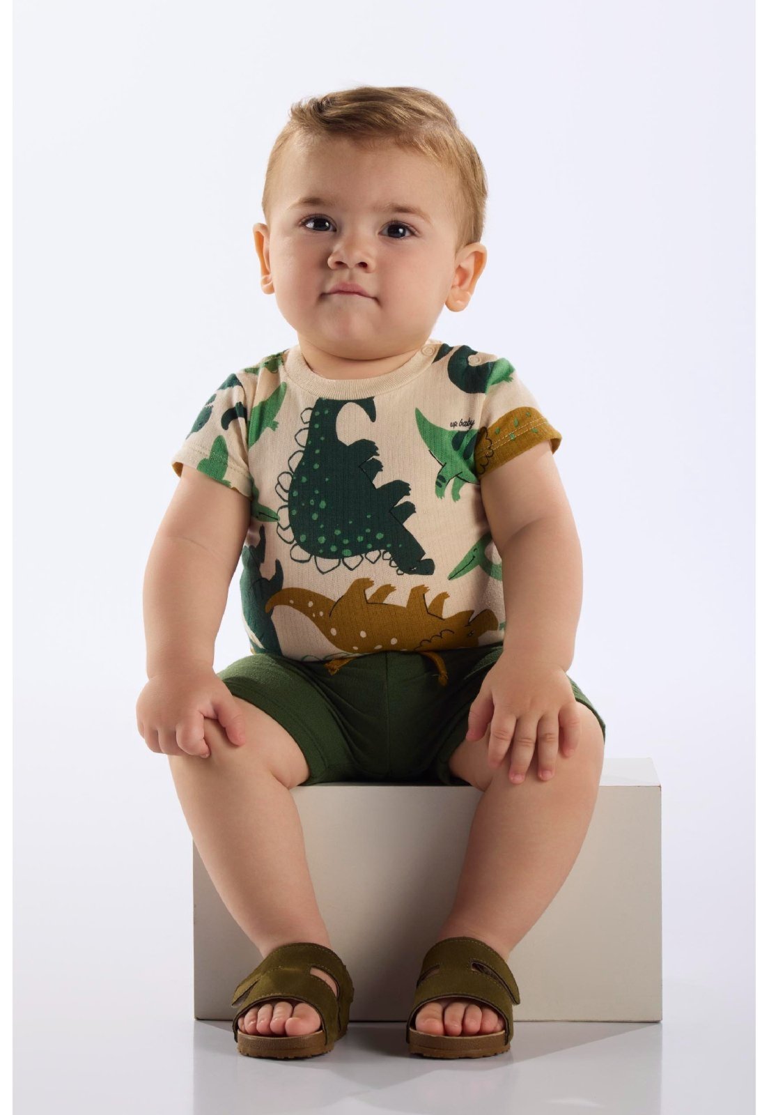Infantil – Conjunto Body Dino e Bermuda Up Baby Bege