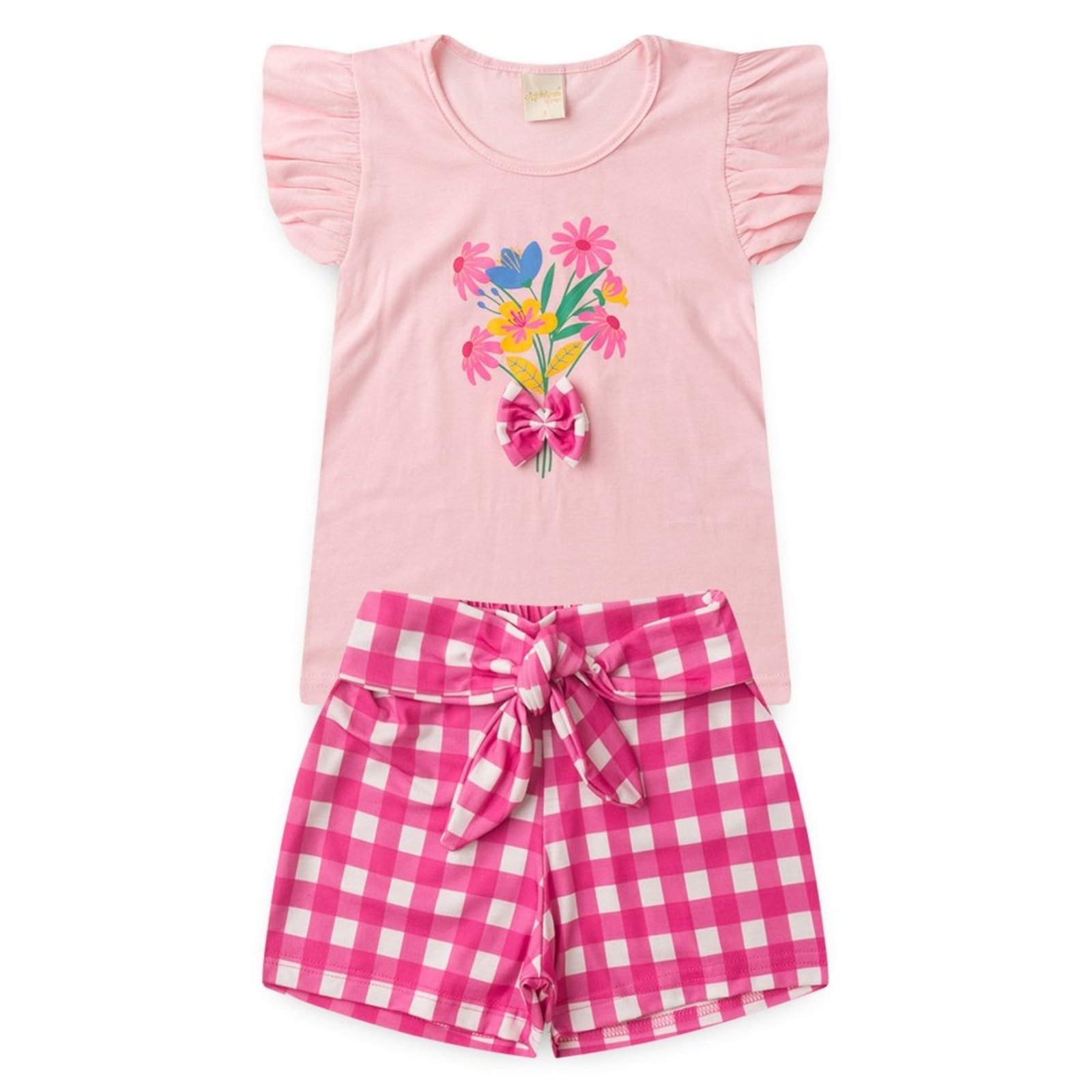 Infantil – Conjunto Verão Menina Rosa Blusa e Shorts com Faixa Sobreposta Flores do Jardim