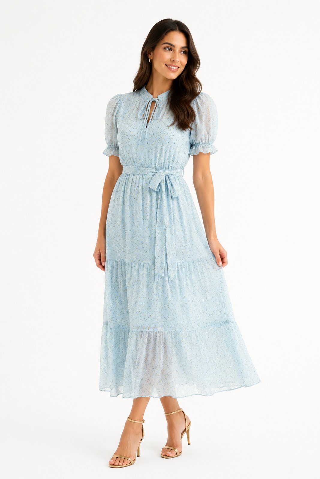 Vestido Midi D Bell Outlet Fashion Chiffon Manga Princesa Azul Claro