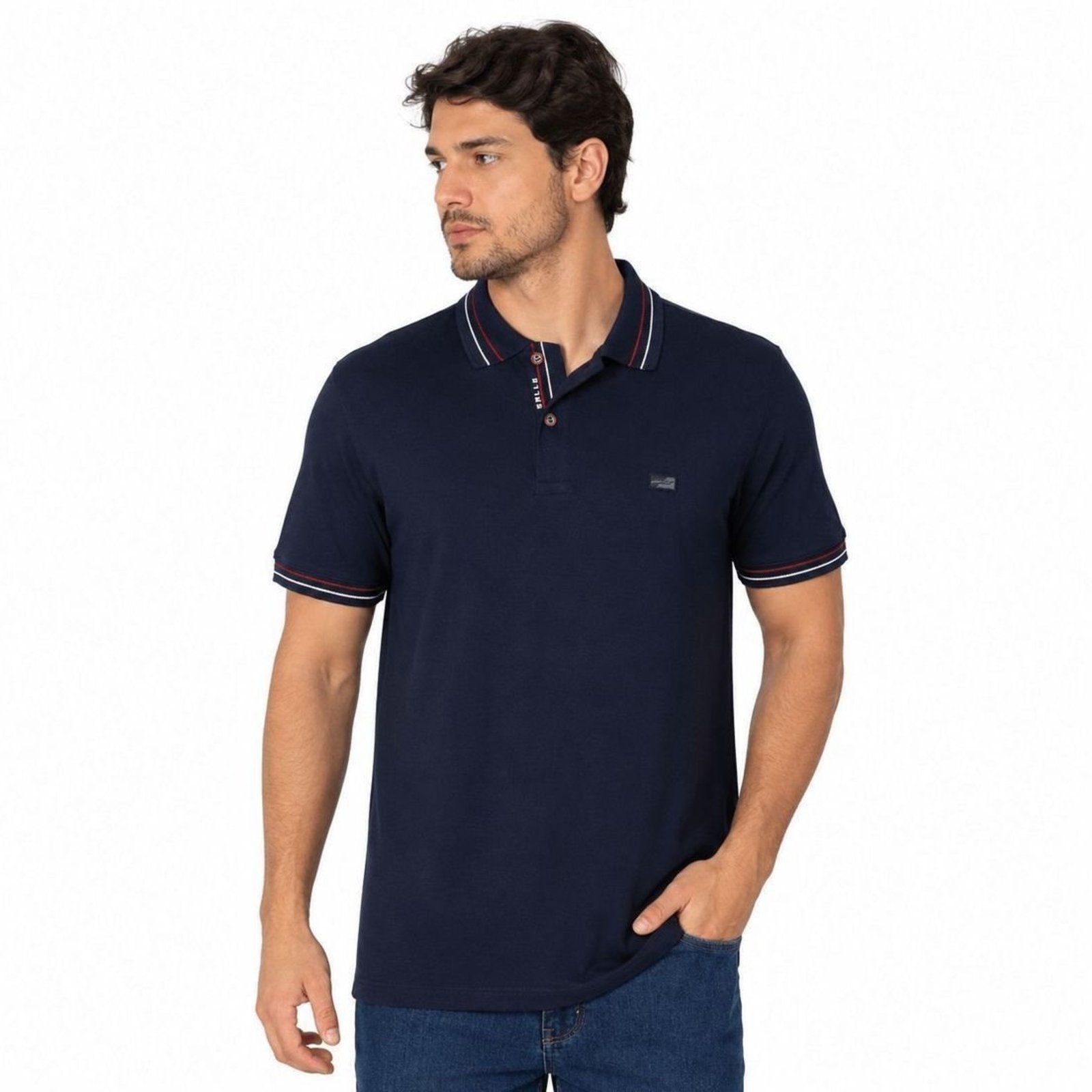 Camisa Polo Sallo Slim Fit 0019 Azul Marinho em Malha Piquet - Azul Marinho - Sallo