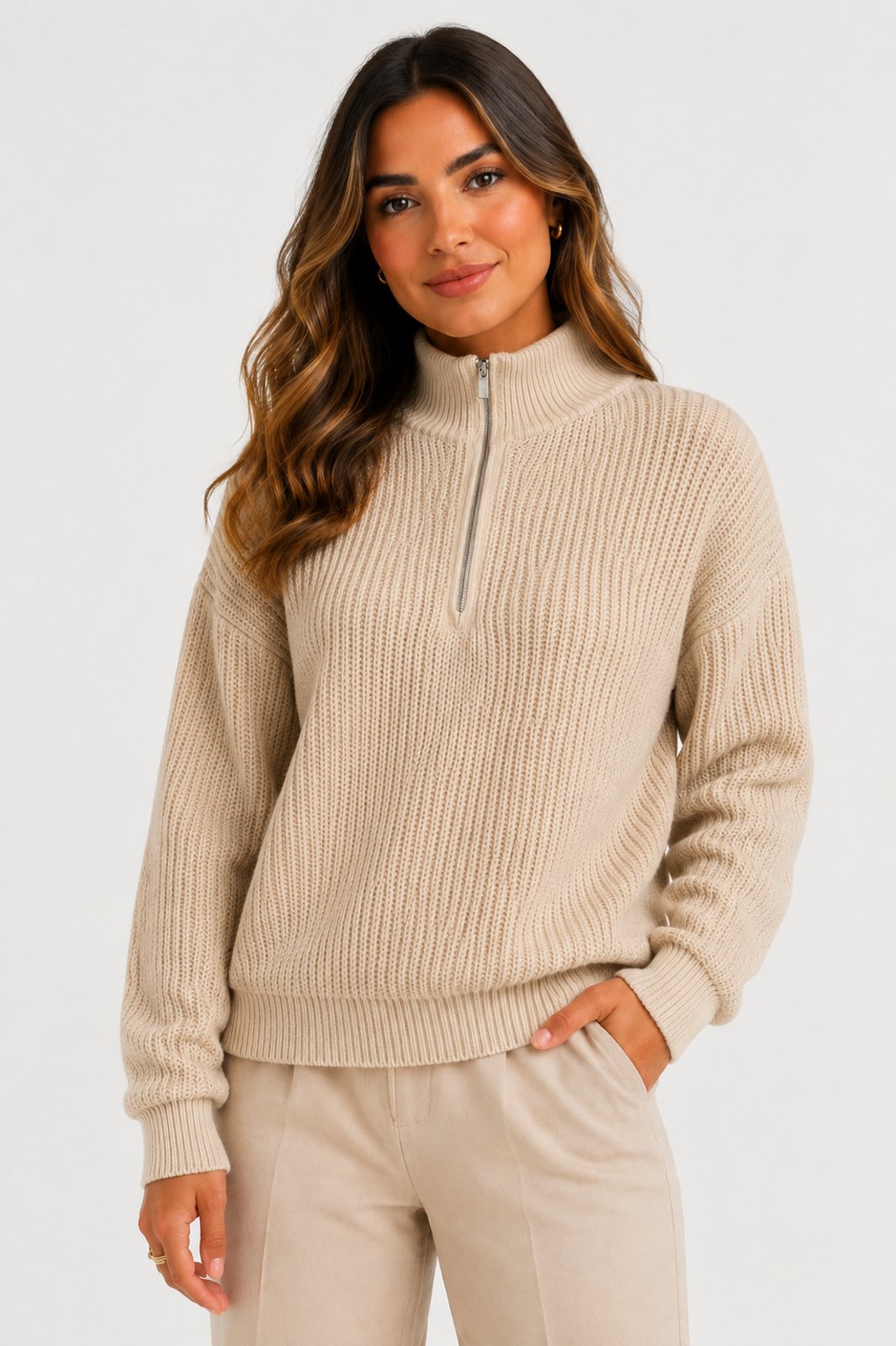 Blusa Tricôt D Bell Outlet Fashion Gola Alta Zíper Bege