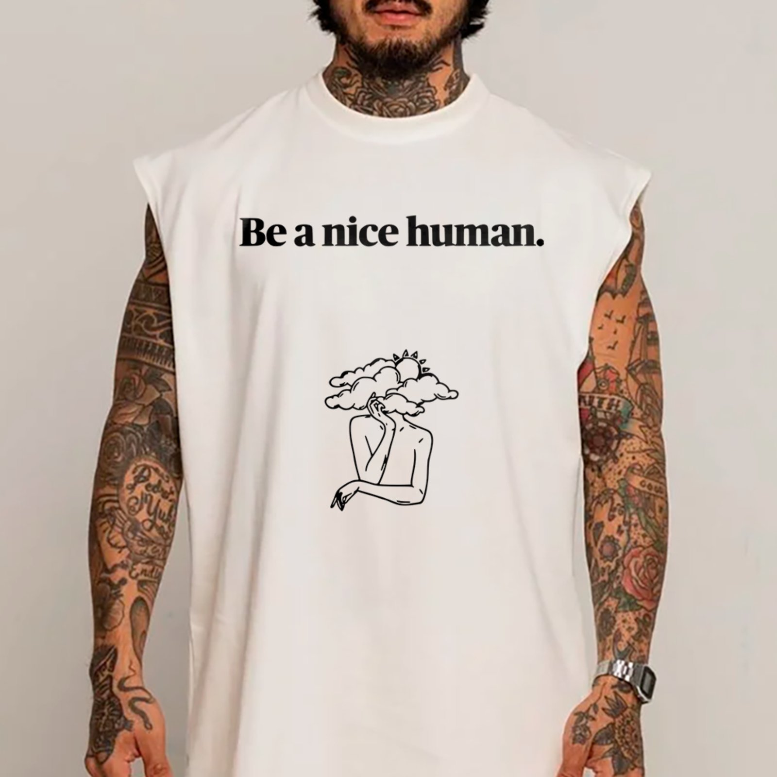 Camiseta Regata Machão Be A Nice Human Frase Minimal Branco