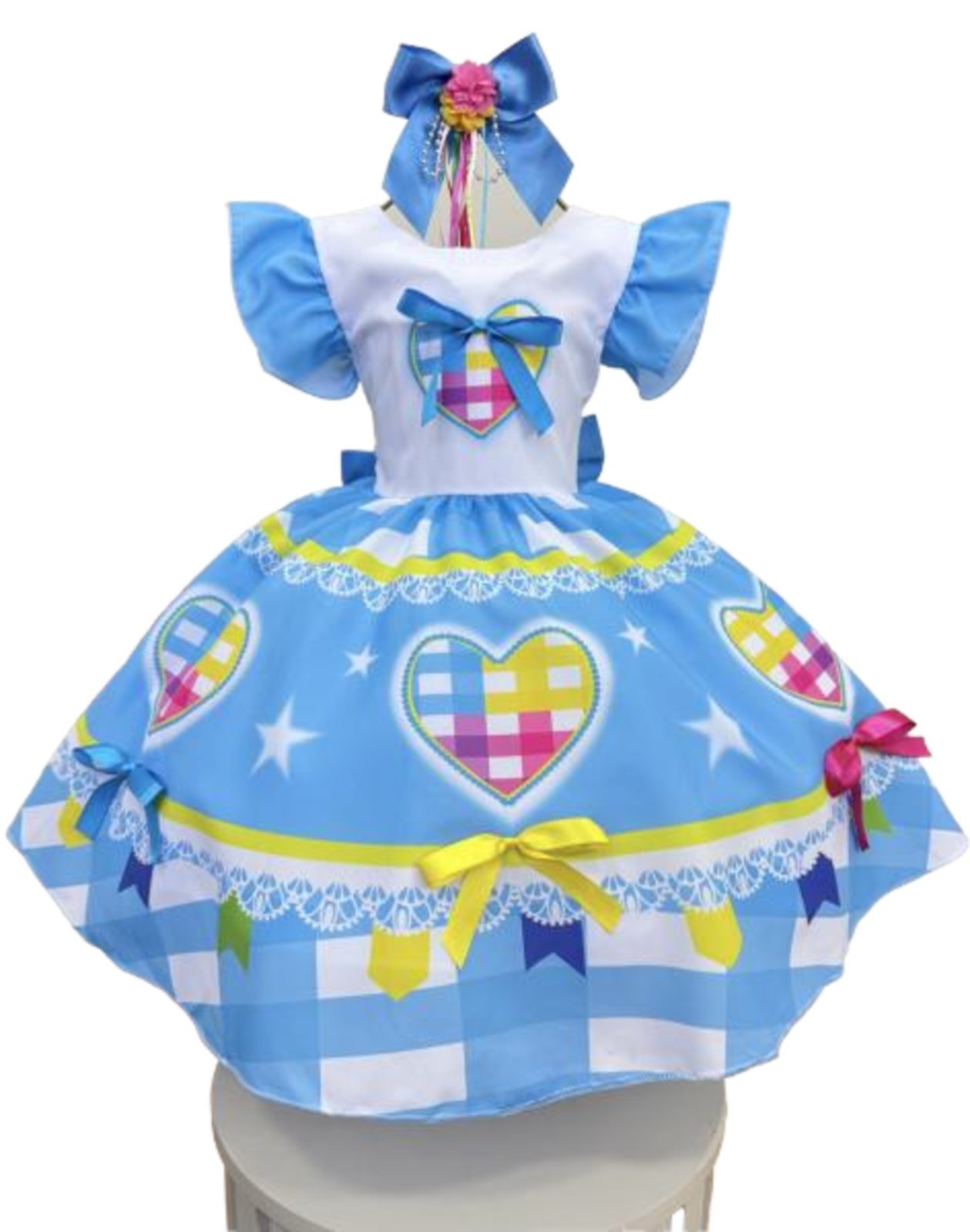 Infantil - Vestido Xadrez Festa Junina Azul Coração Junino Caipira Quadrilha Luxo São João Rodado