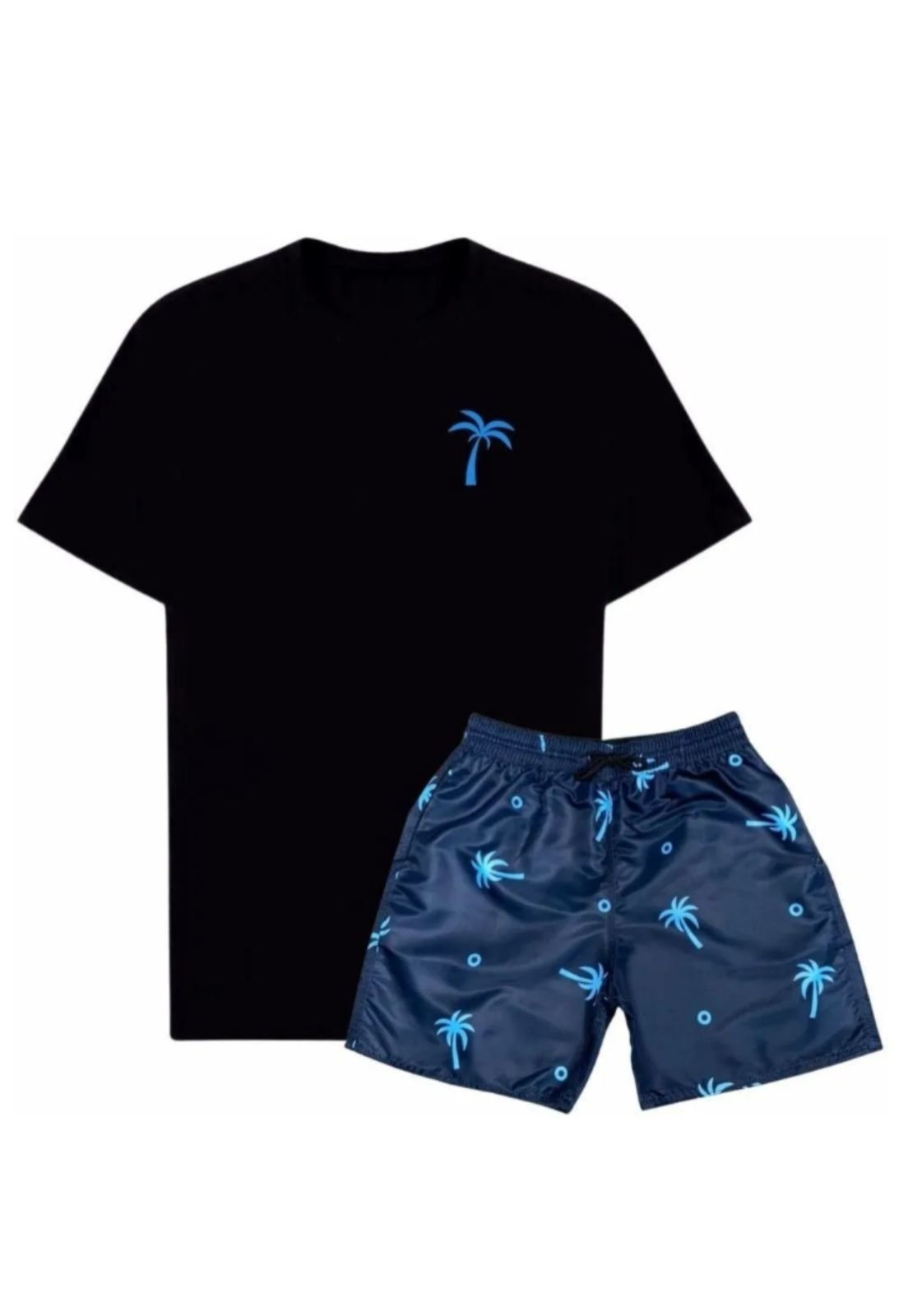 Kit Conjunto Masculino Relaxado Short Tactel Azul Coqueiro e Camiseta Preta Básica