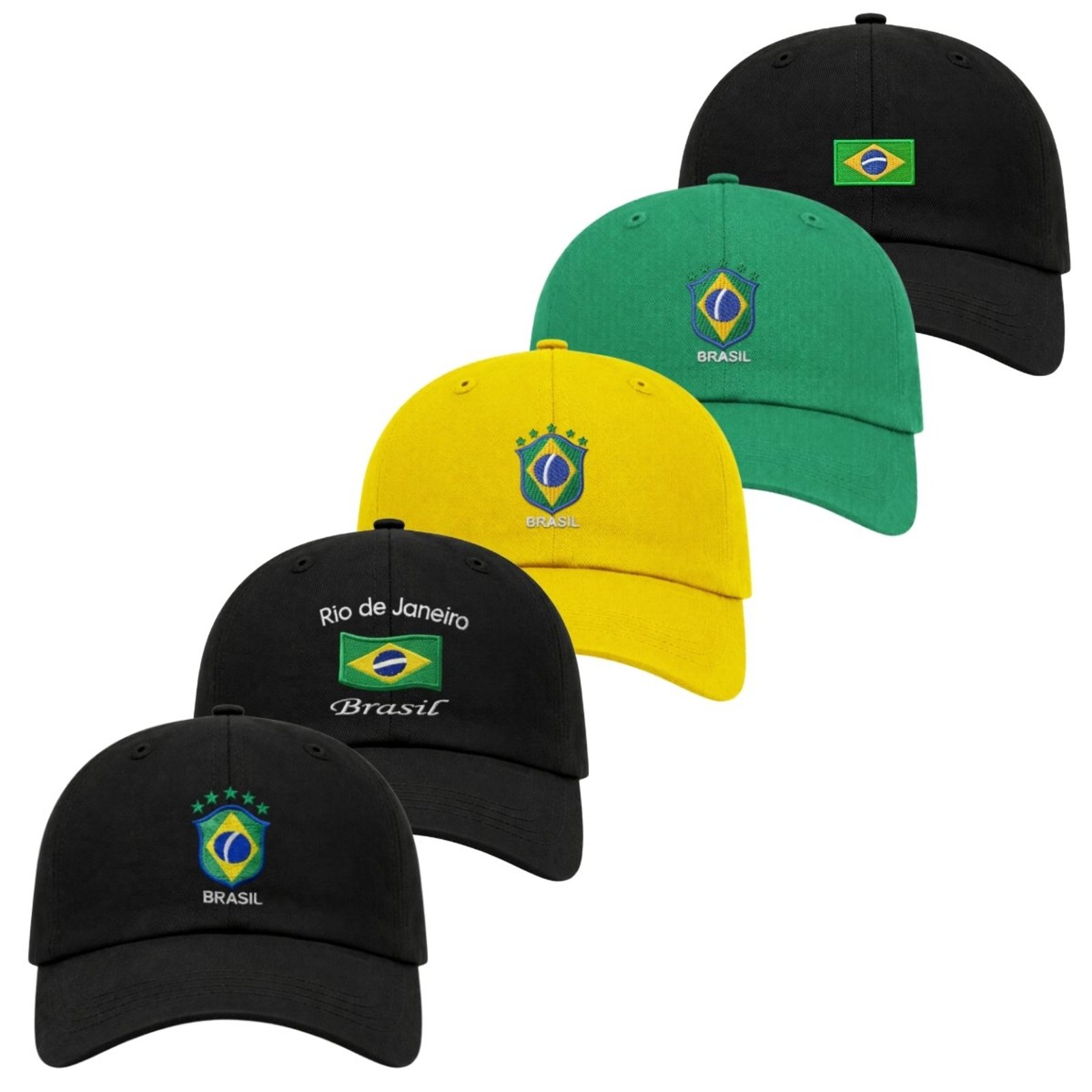 Kit 5 Bonés Aba Curva com Ajuste Moderno Confortável Brasil Bordado