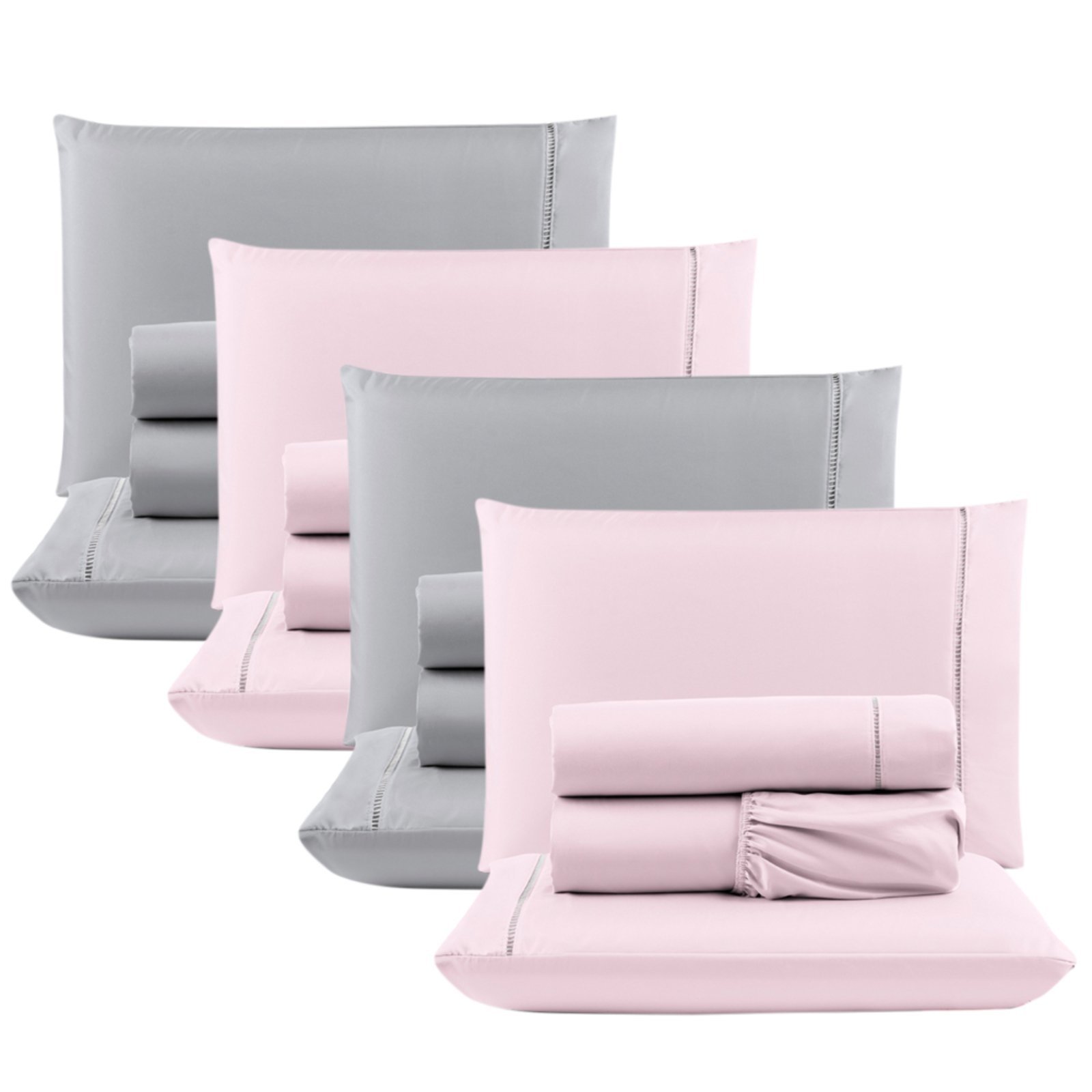 Kit c/ 4 Jogos Cama Lençol Unique Casal Padrão Micro Percal 400 Fios Ponto Palito 4 Peças - Rosa + Cinza
