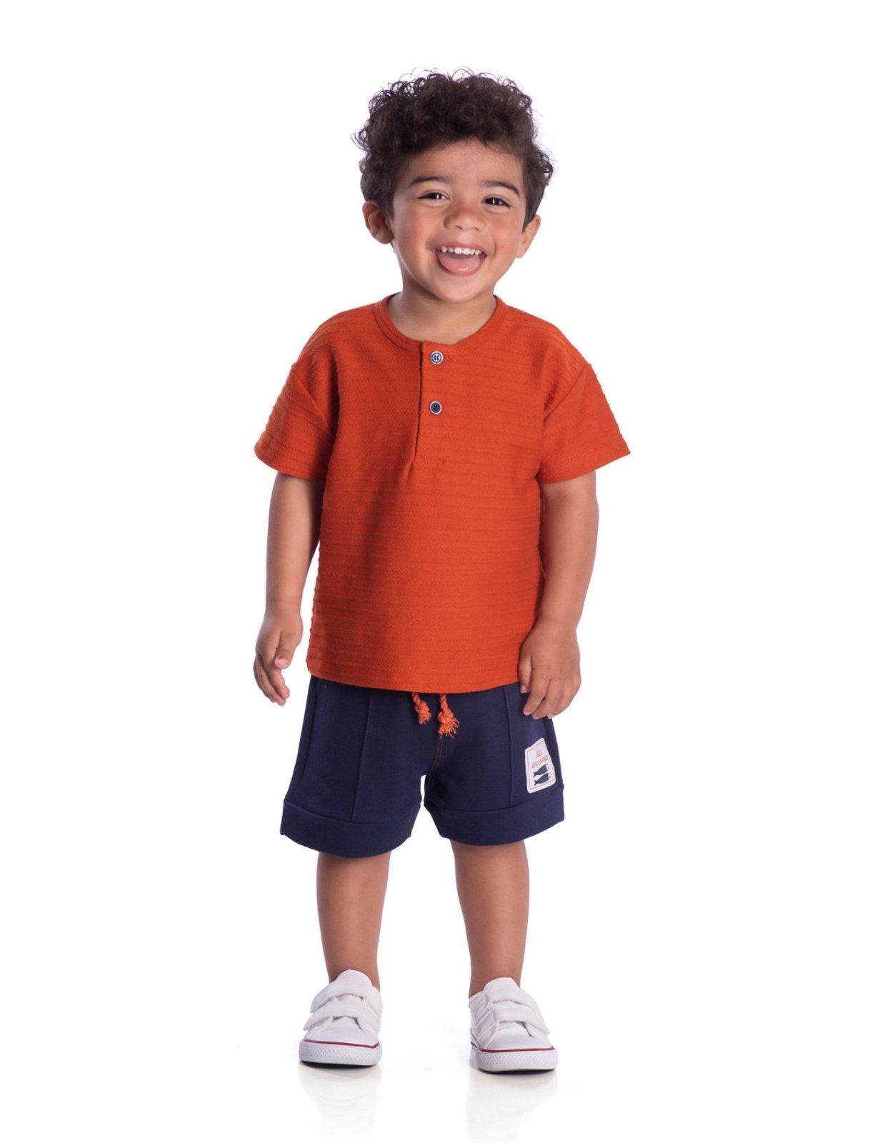 Infantil - Conjunto camiseta malha texturizada terracotta e bermuda moletinho marinho