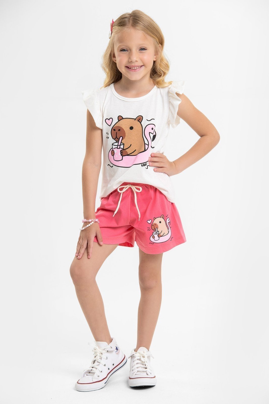 Vista 2 Infantil - Conjunto Verão Feminino Capivara e Flamingo - Off White Mega Kids unico white Mega Kids unico white
