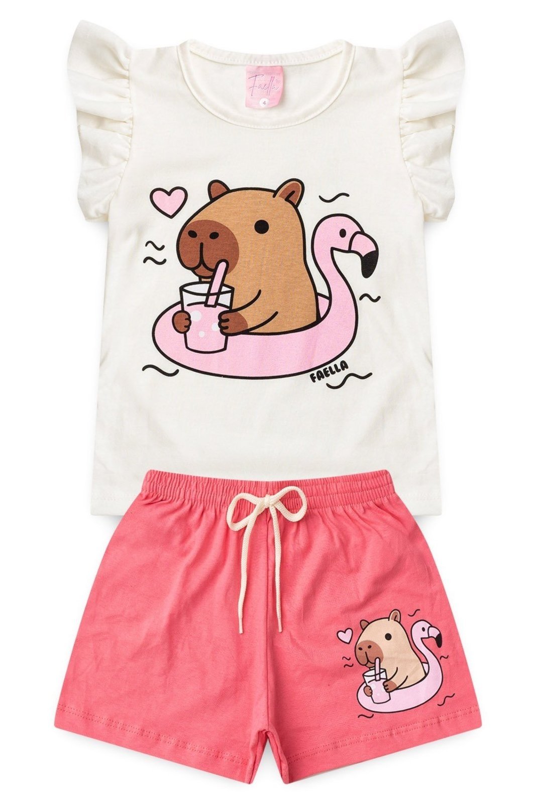 Vista 3 Infantil - Conjunto Verão Feminino Capivara e Flamingo - Off White Mega Kids unico white Mega Kids unico white