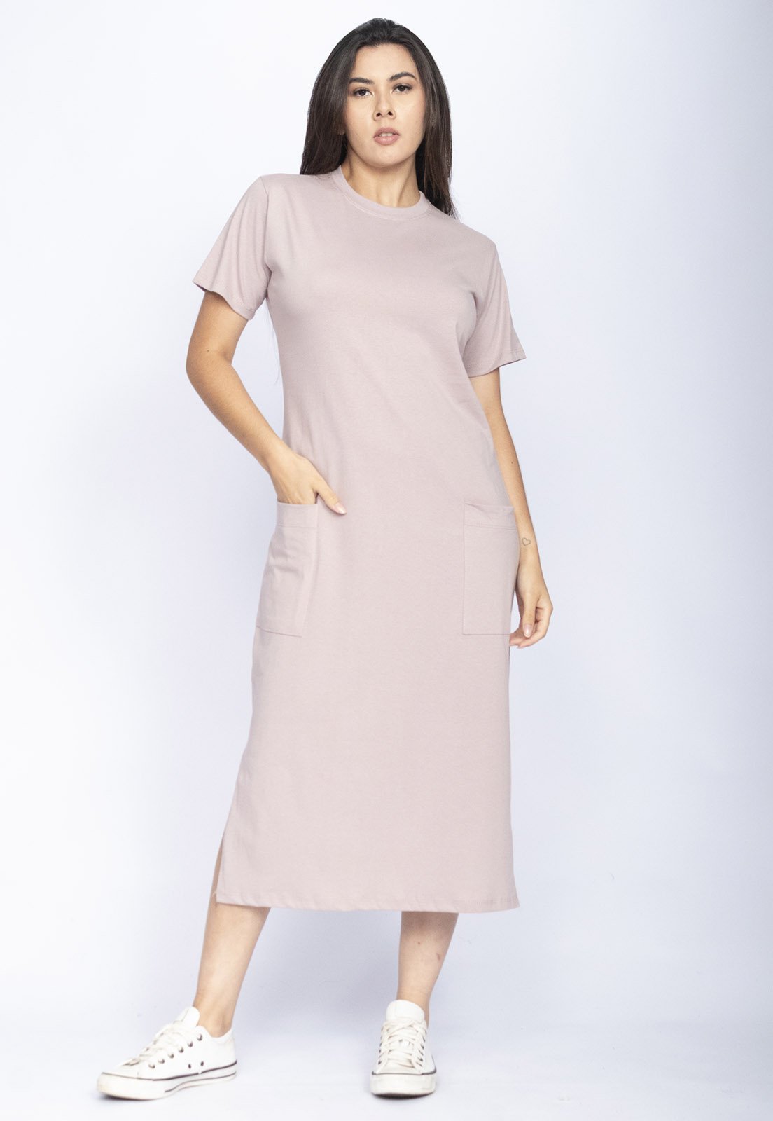 Vestido Cabanafree Midi Easy Algodão Manga Curta Rosa Malva