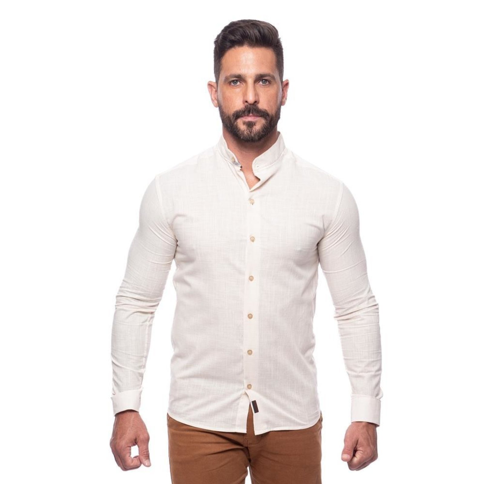 Camisa Masculina Linho Manga Longa Gola Padre Lisa Casual Azul Claro G Bege