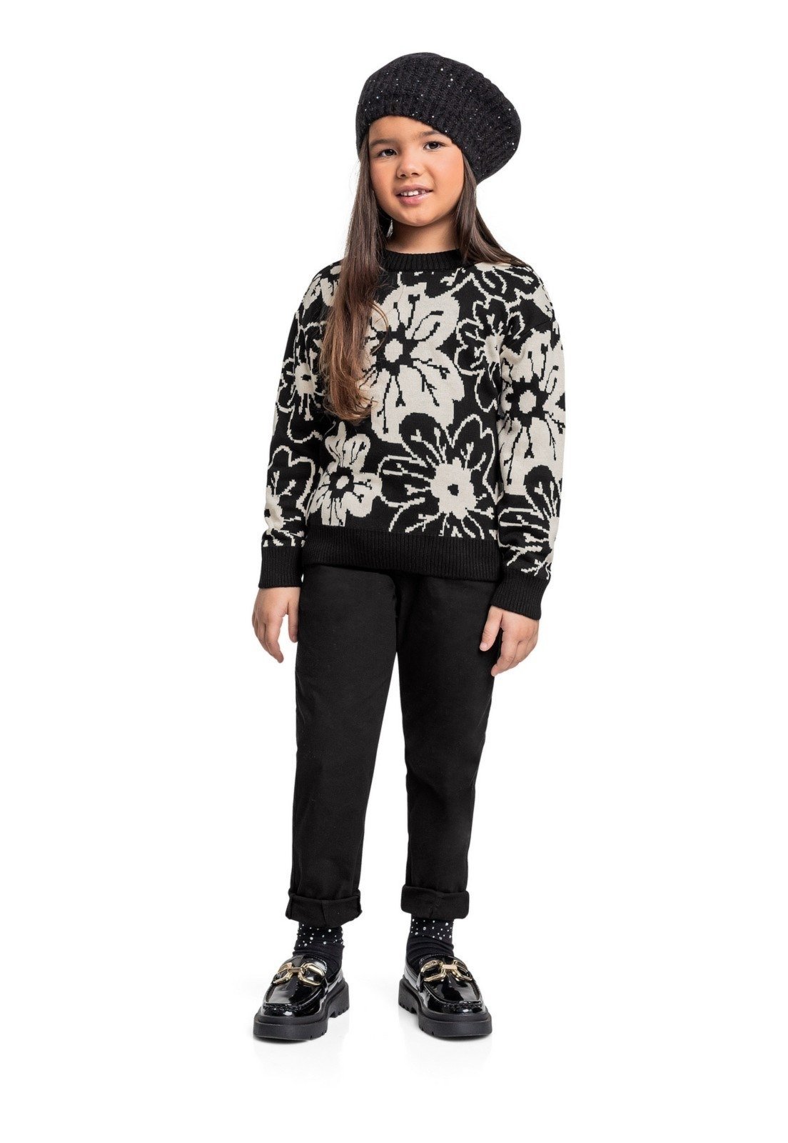 Infantil – Blusão Floral em Tricot para Menina Quimby Preto