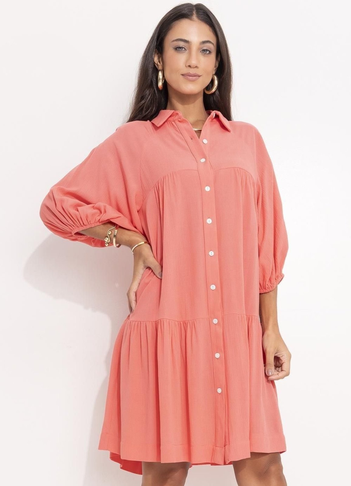 Vestido Feminino Salmão Em Viscose Plana Quintess