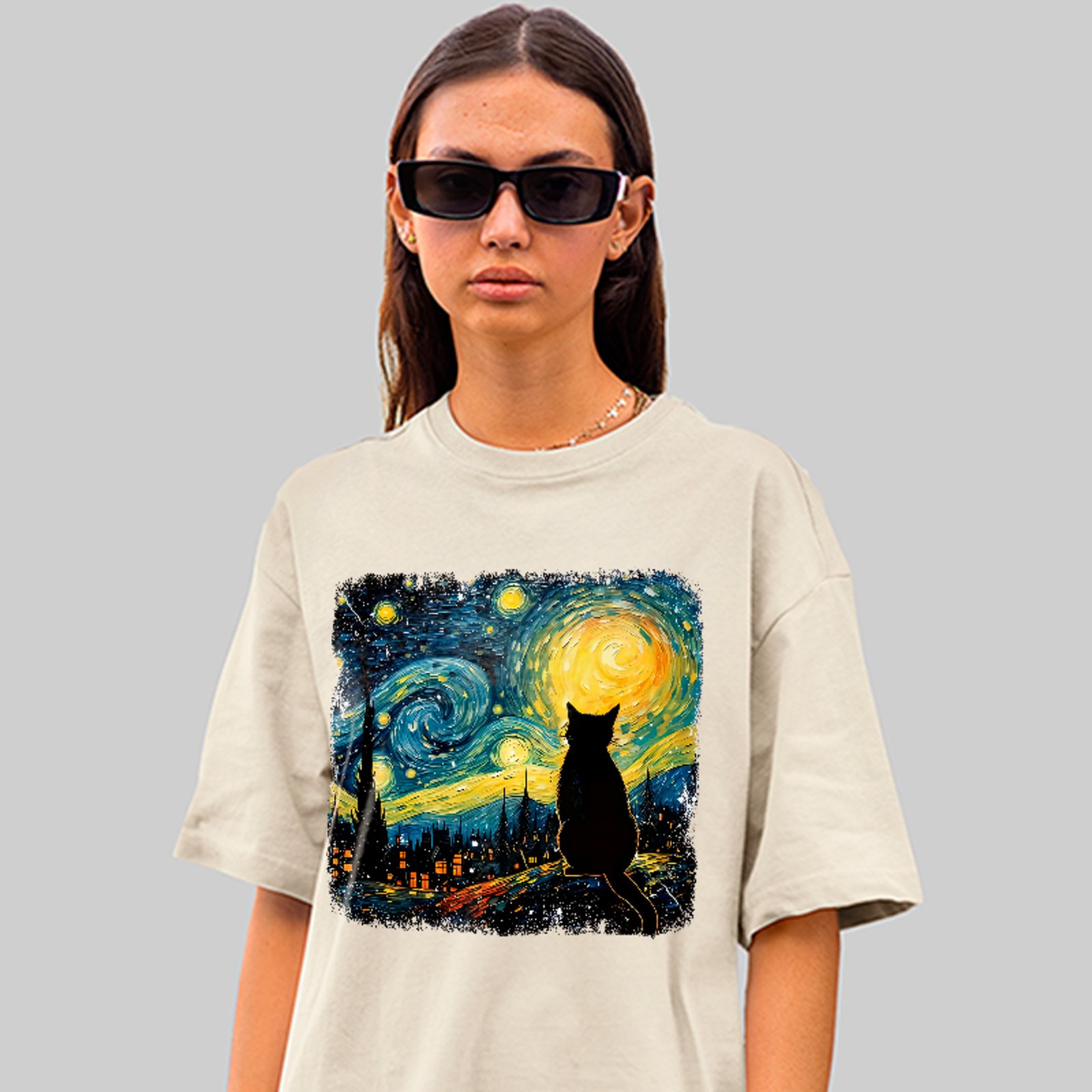 Camiseta Oversized Gato Noite Estrelada Arte Fashion Exclusiva Off White