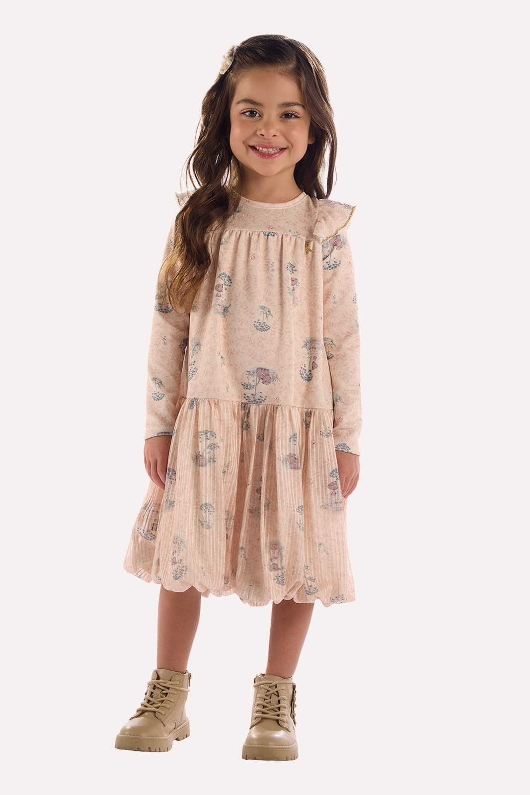 Infantil - Vestido Balonê Areia Estampado em Algodão Texturizado